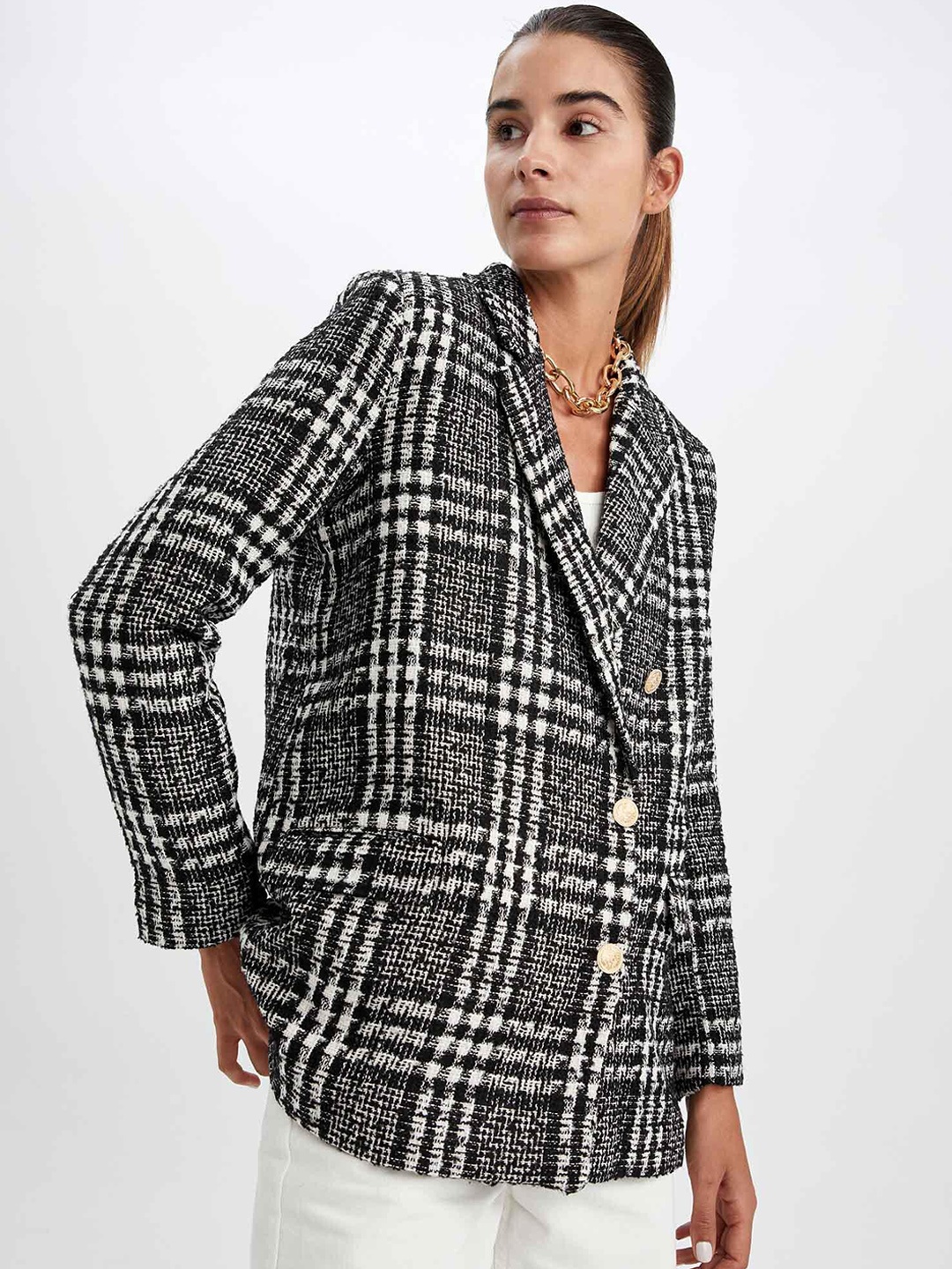 

DeFacto Women Checked Single-Breasted Blazers, Black