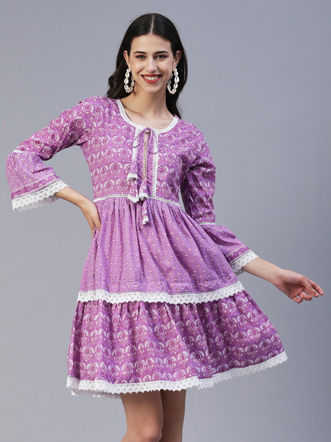 

FASHOR Ethnic Motifs Printed Tie-Up Neck Tiered Fit & Flare Cotton Dress, Lavender