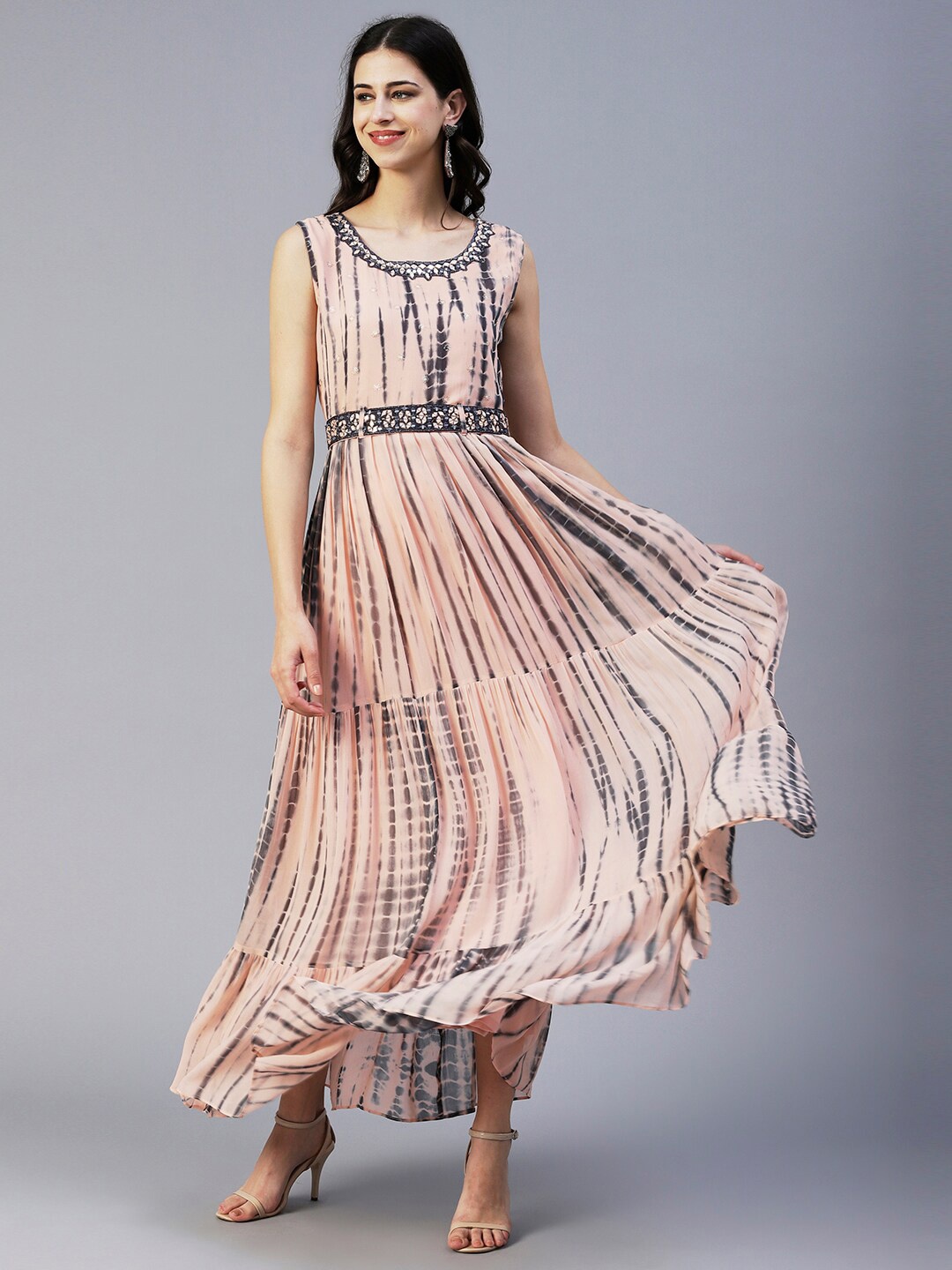 

FASHOR Tie and Dye Dyed Tiered Maxi Fit & Flare Dress, Peach
