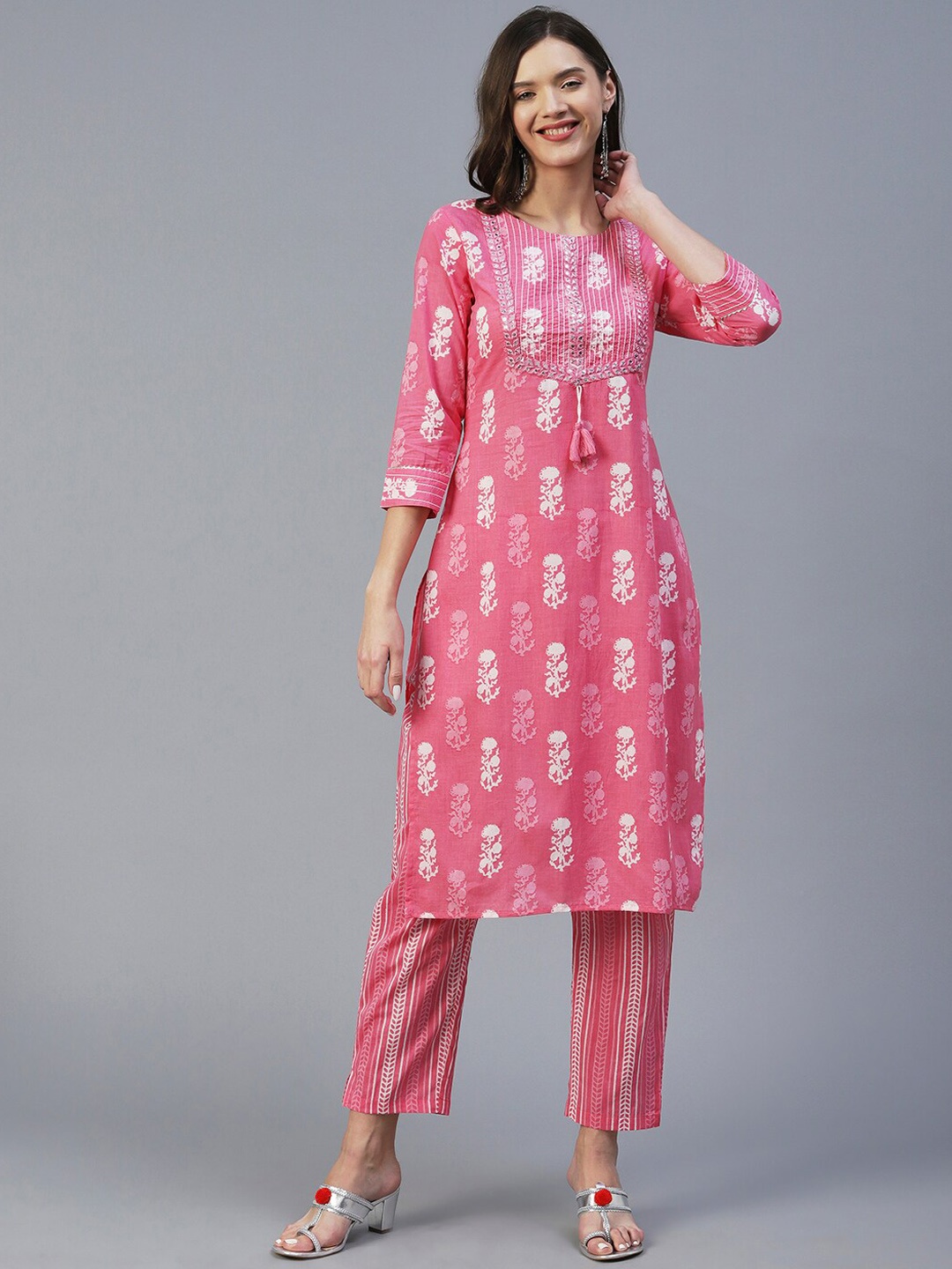 

FASHOR Ethnic Motifs Printed Mirror Work Pure Cotton Kurta with Trousers Set, Pink