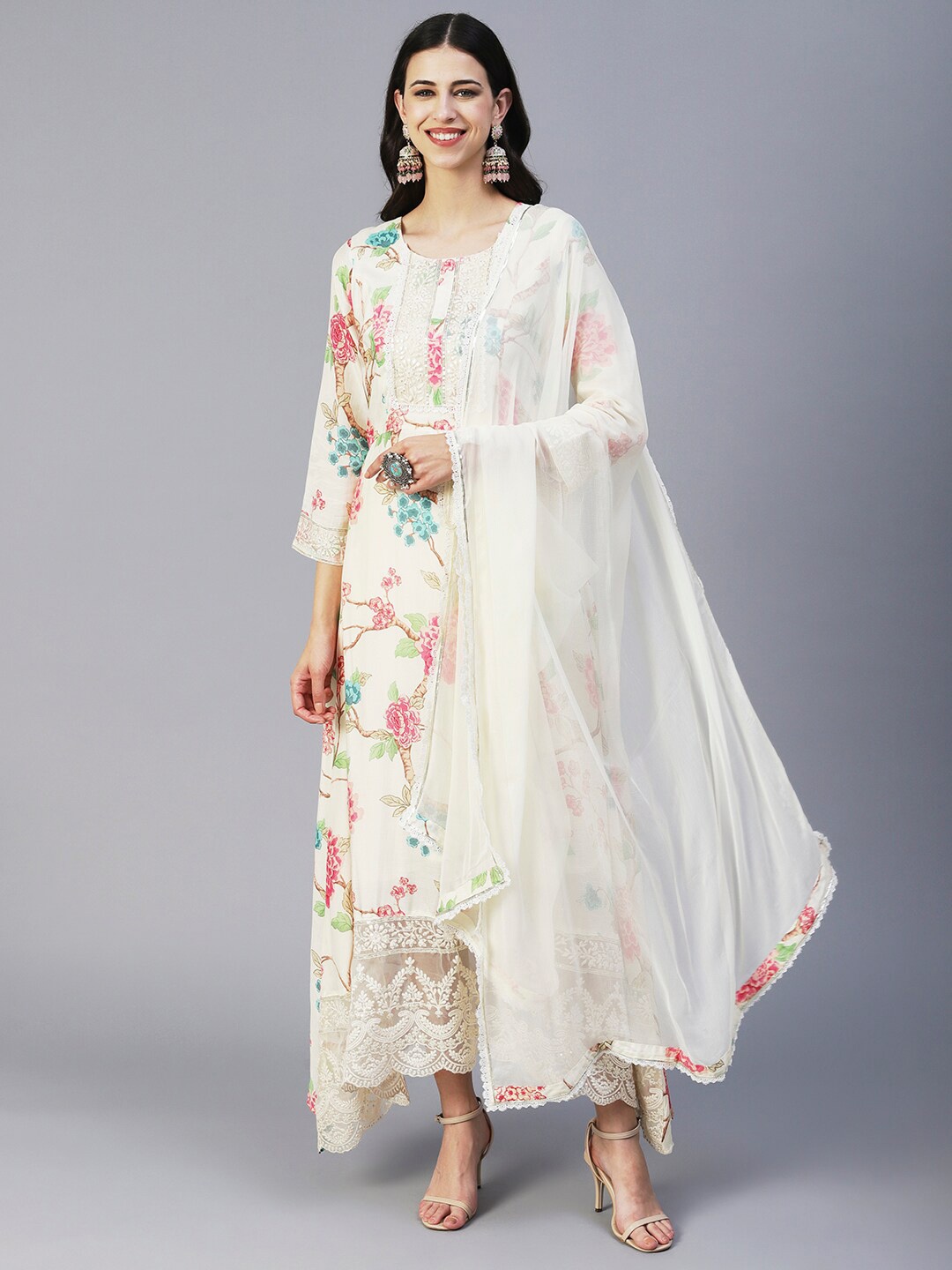 

FASHOR Floral Printed Kurta with Palazzos & Dupatta, Cream