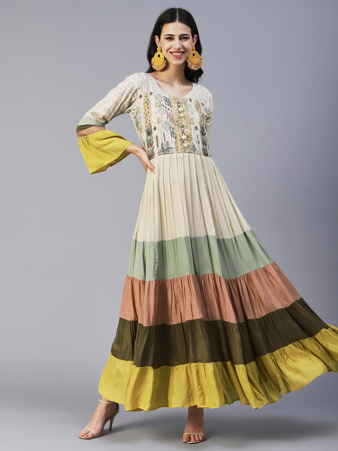 

FASHOR Colourblocked Georgette Maxi Dress, Beige