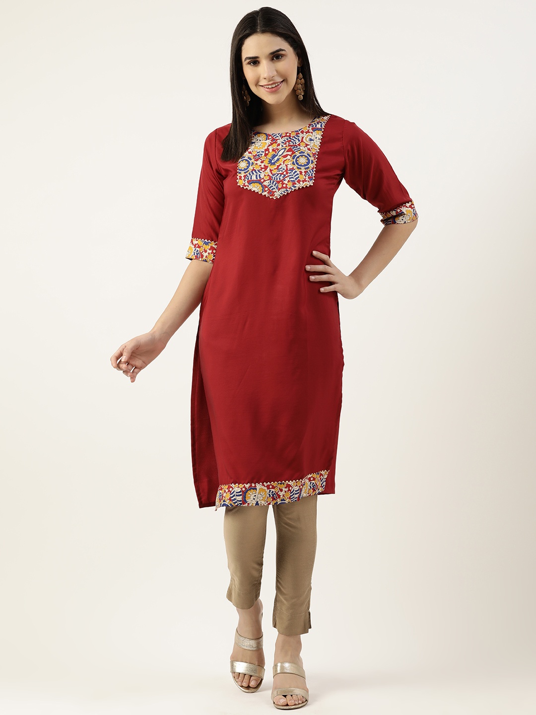 

RACHNA Ethnic Motifs Yoke Design Gotta Patti Crepe Straight Kurta, Maroon