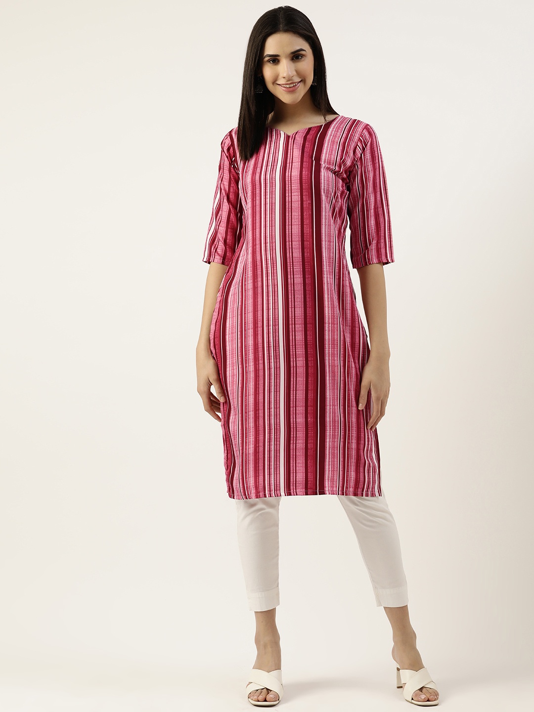 

RACHNA Striped Crepe Straight Kurta, Pink