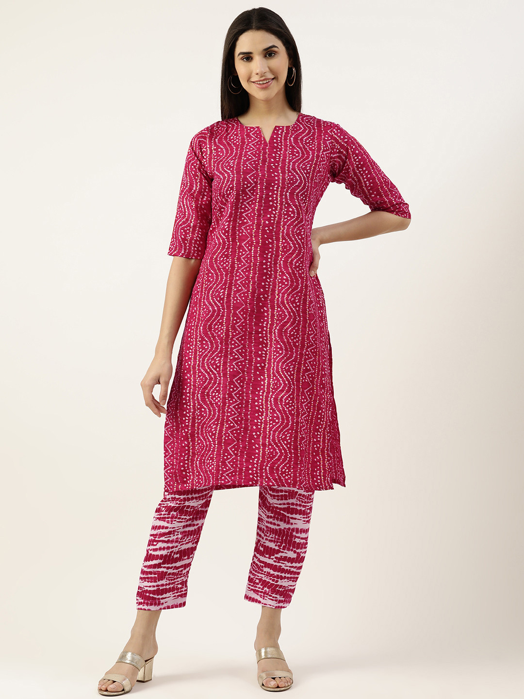 

RACHNA Women Bandhani Printed Pure Cotton Kurta With Trousers, Pink