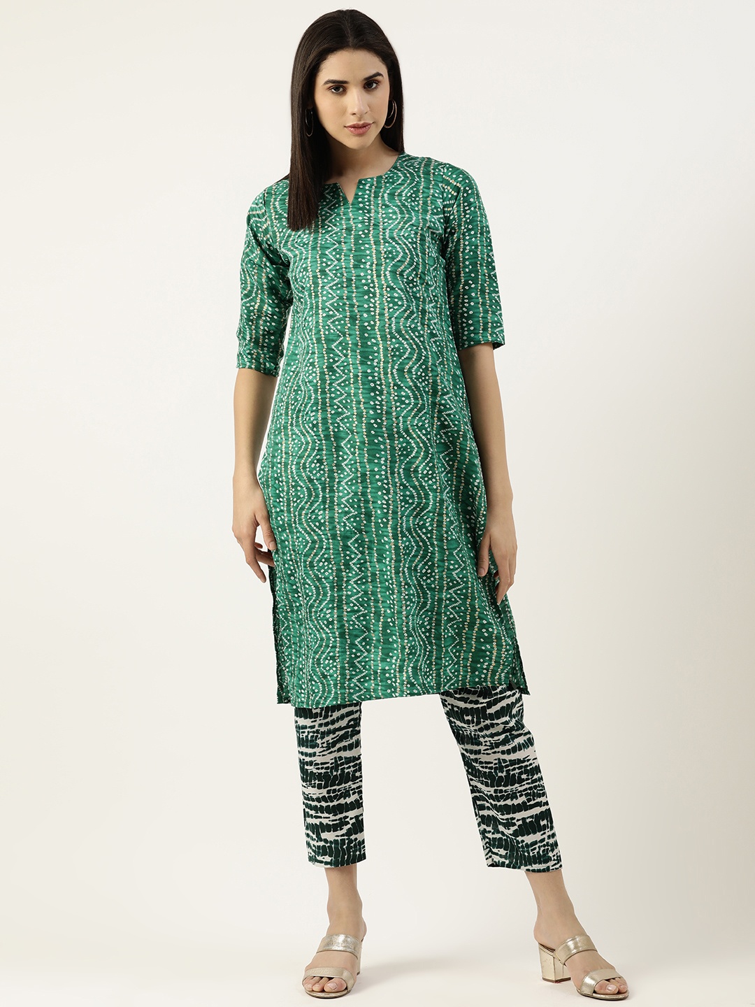 

RACHNA Women Bandhani Printed Pure Cotton Kurta With Trousers, Green