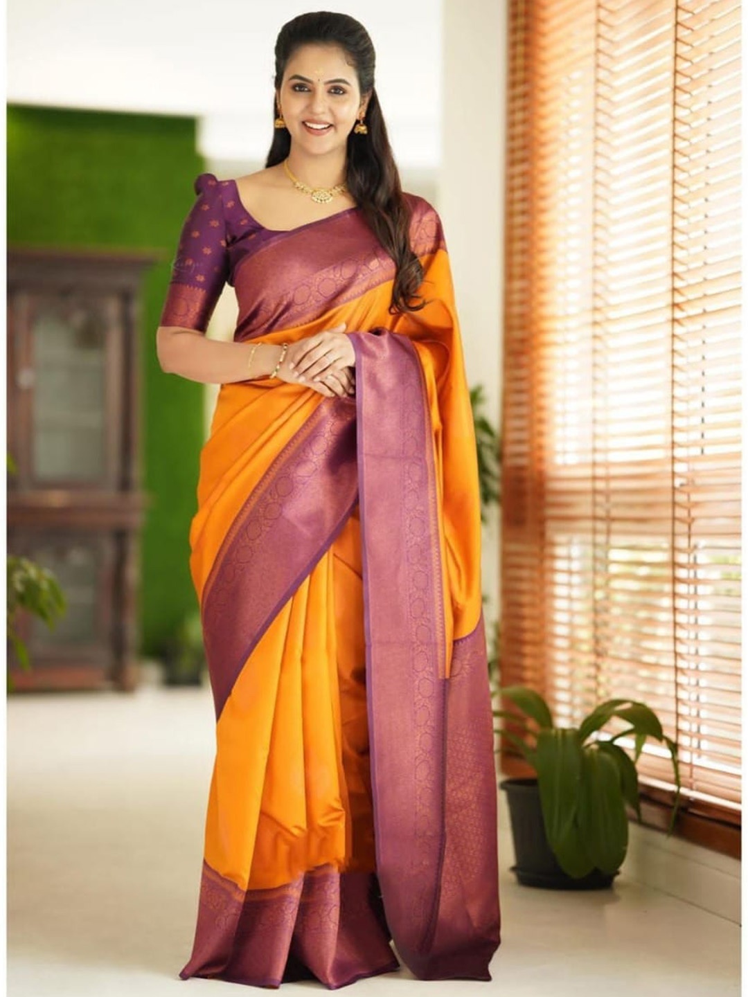 

Jinax Woven Design Zari Pure Silk Banarasi Saree, Mustard