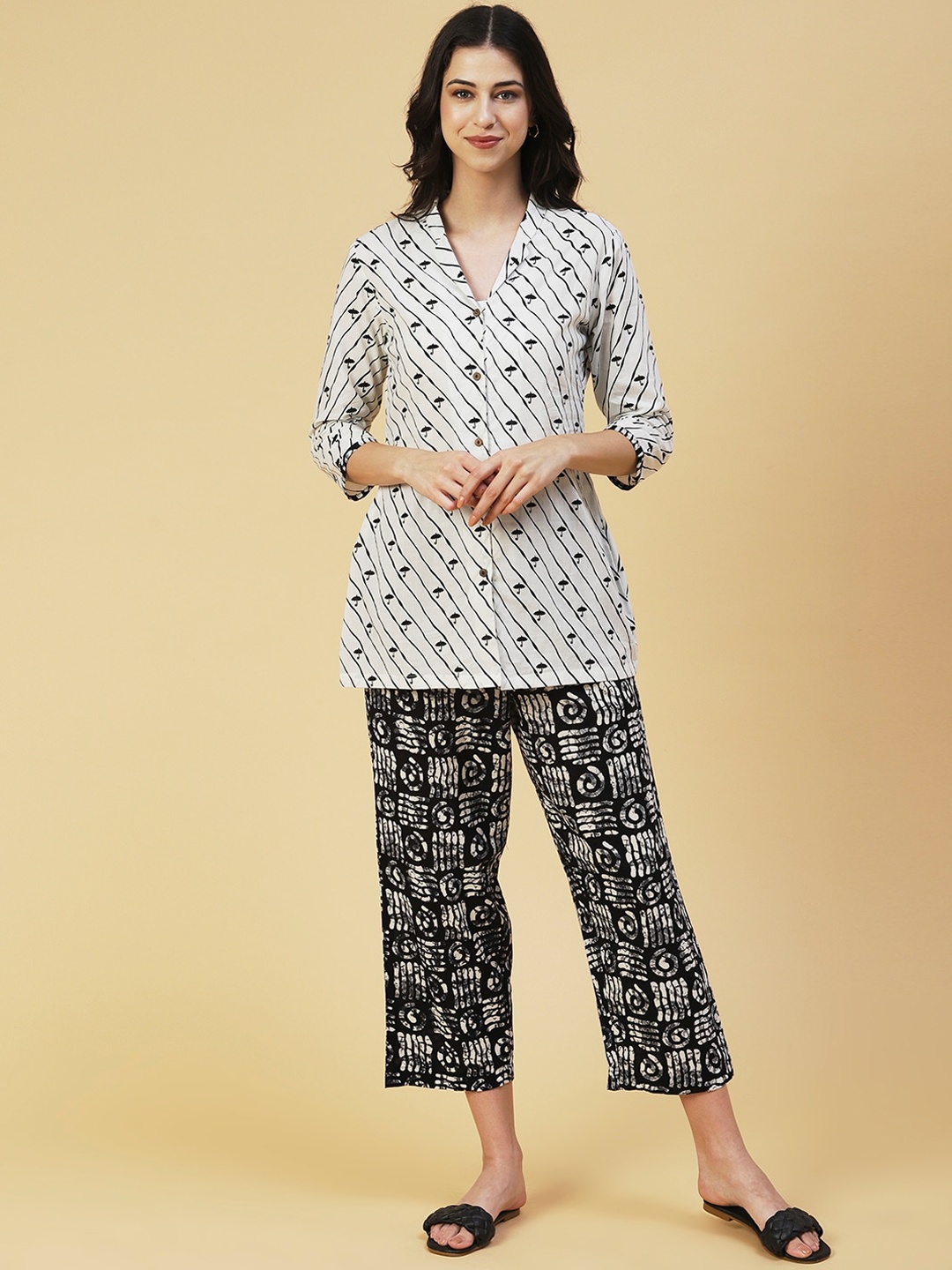 

FASHOR Women Women 2-Pieces Printed Shirt with Lounge Pants, White