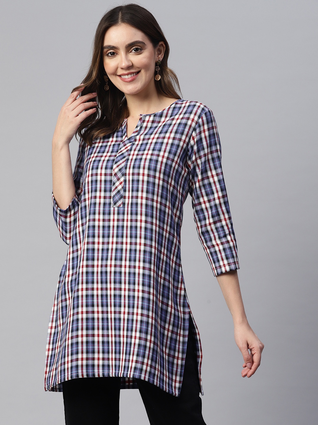 

One Femme Checked Pure Cotton Kurti, Blue