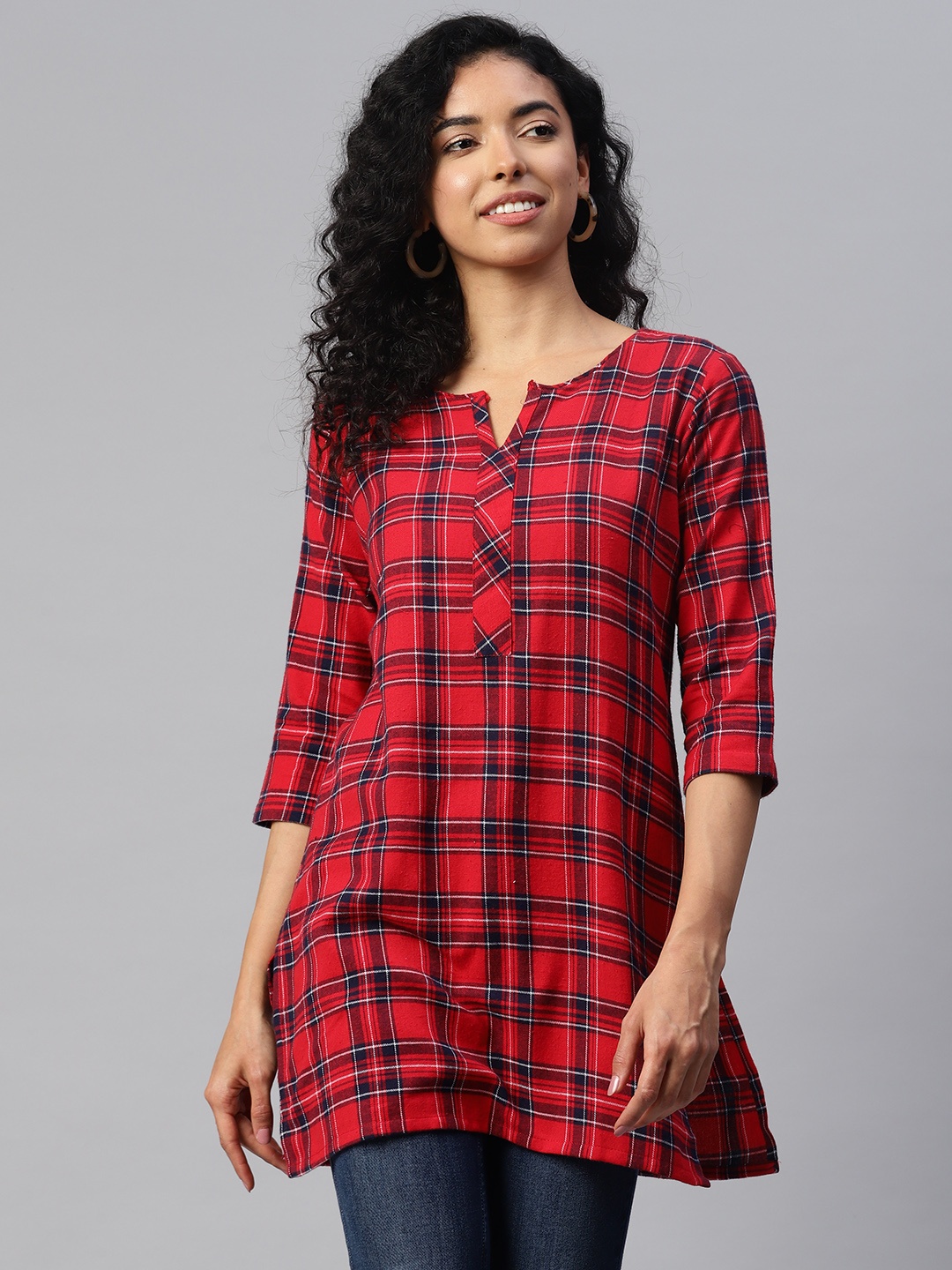 

One Femme Checked Pure Cotton Kurti, Red