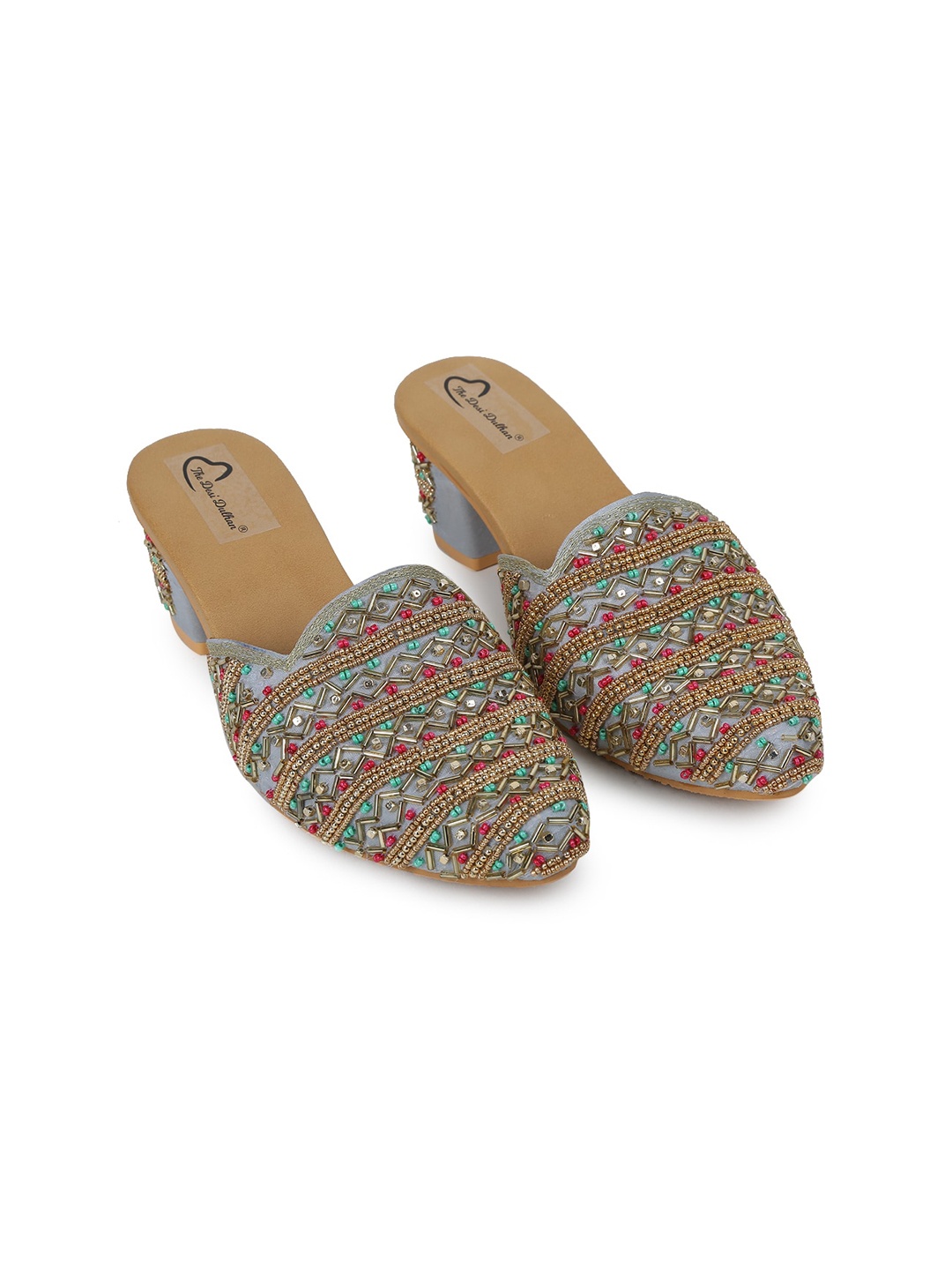 

The Desi Dulhan Women Embellished Pointed Toe Block Mules, Grey