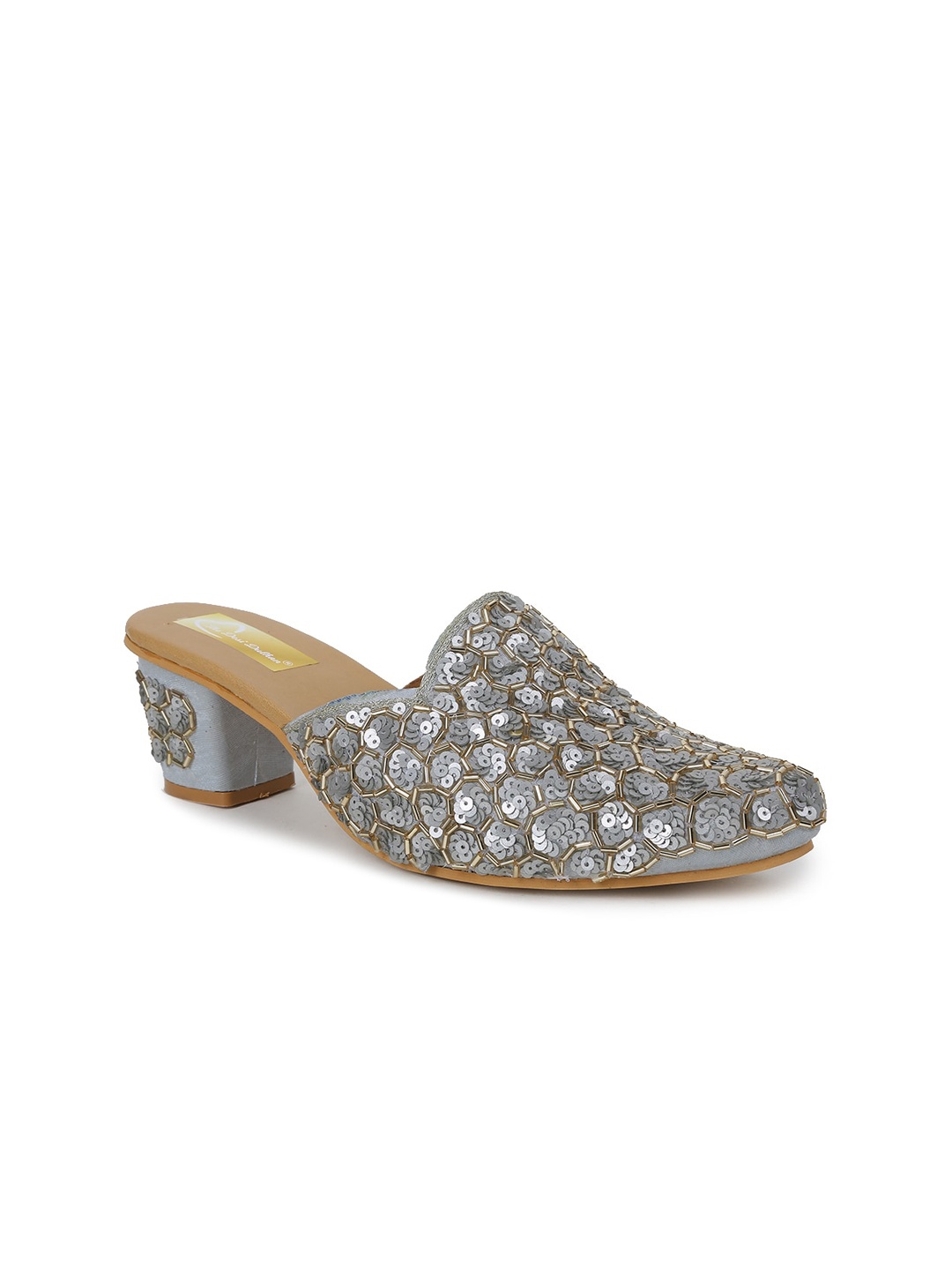 

The Desi Dulhan Women Embellished Pointed Toe Block Mules, Grey