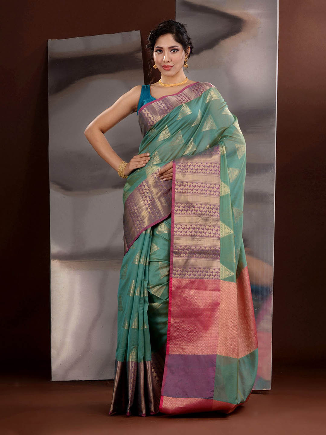 

Charukriti Ethnic Motifs Zari Silk Cotton Saree, Sea green
