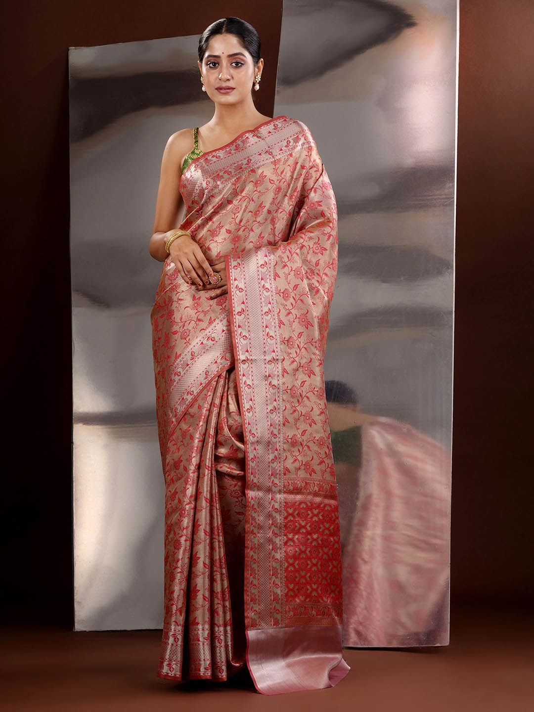 

Charukriti Floral Zari Silk Blend Saree, Coral