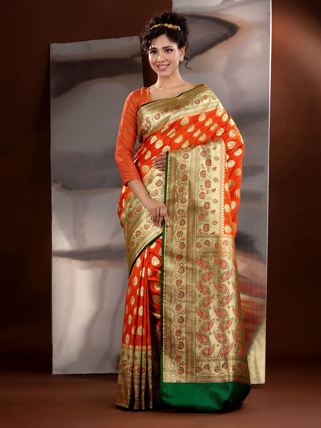 

Charukriti Ethnic Motifs Zari Silk Blend Banarasi Saree, Orange