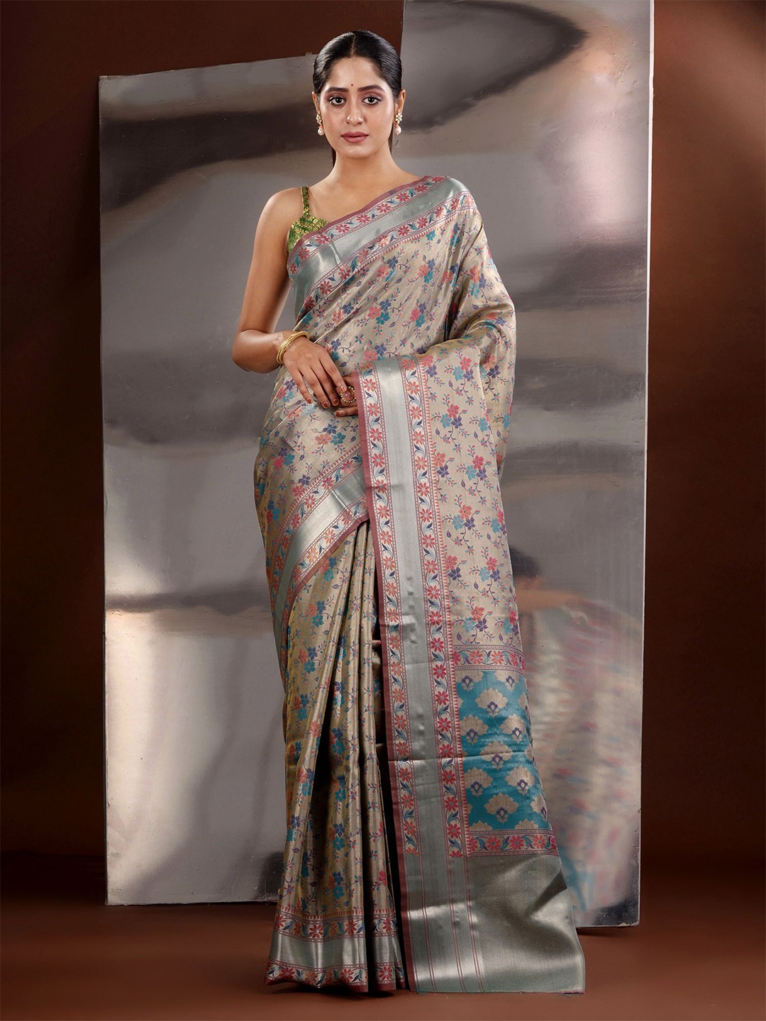

Charukriti Floral Woven Design Zari Saree, Grey