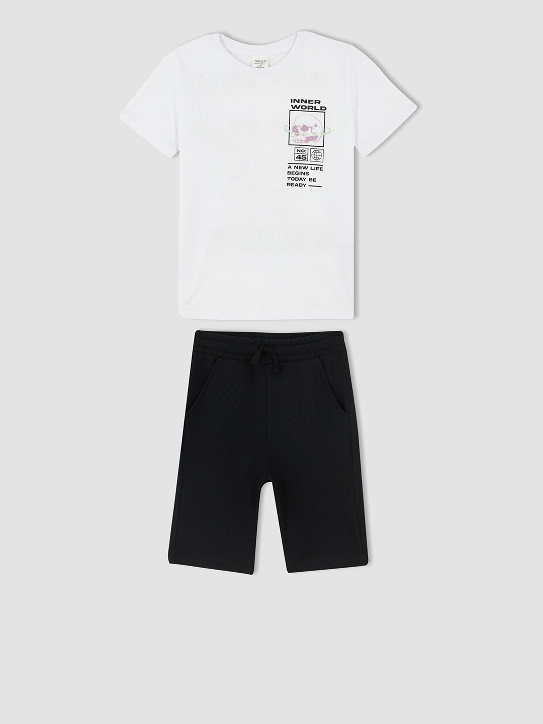 

DeFacto Printed Pure Cotton T-shirt With Shorts, White