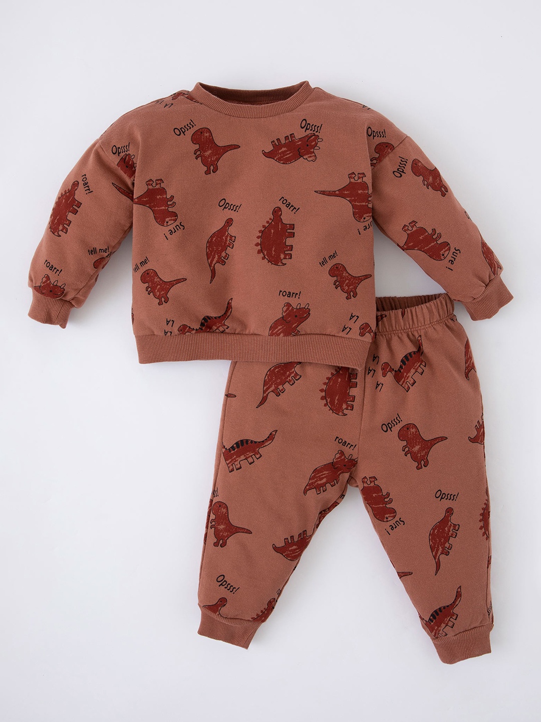 

DeFacto Boys Printed Pure Cotton T-shirt with Trousers, Brown
