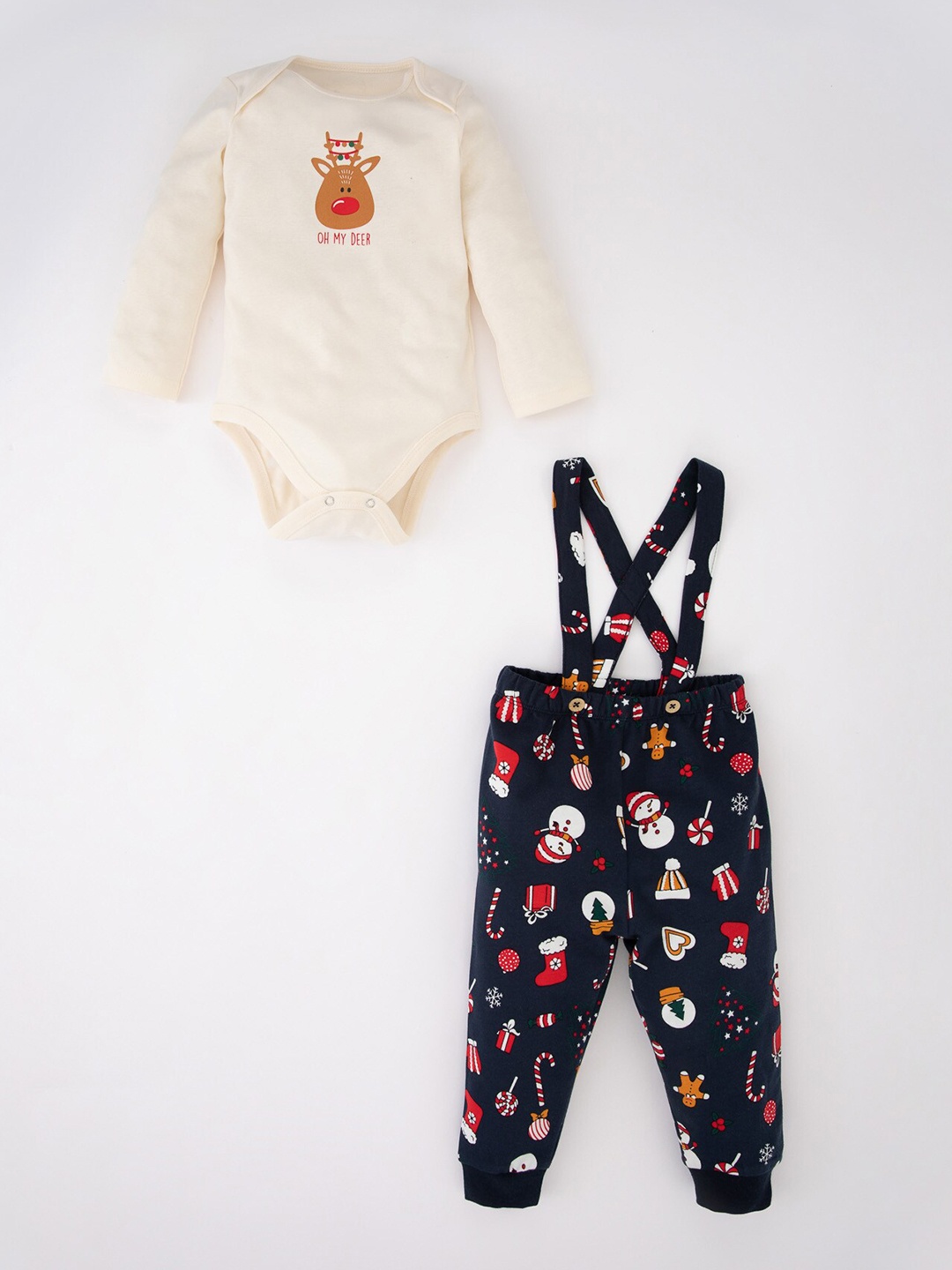 

DeFacto Boys Printed Pure Cotton Bodysuit With Dungaree, White