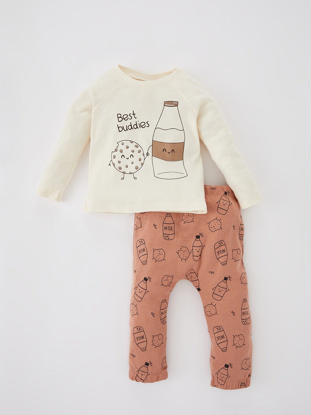 

DeFacto Boys Printed Pure Cotton T-shirt With Trousers, Cream