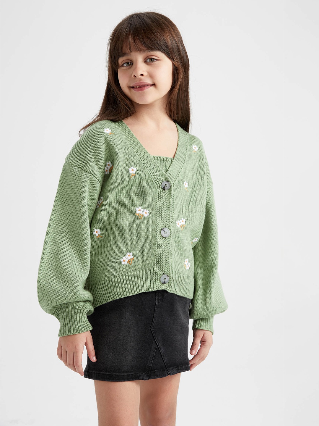 

DeFacto Girls Printed Acrylic Cardigan With Skirt, Green