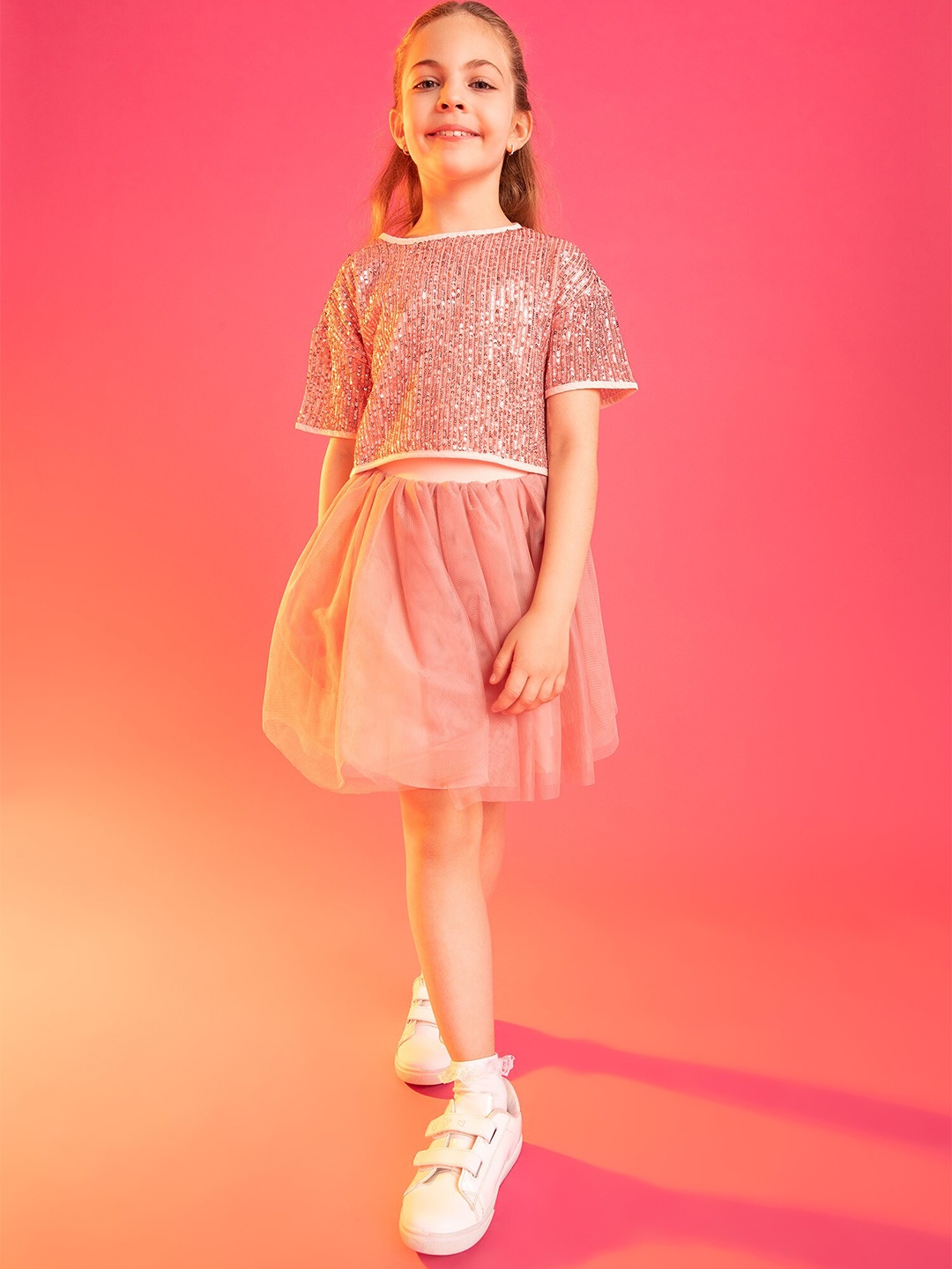 

DeFacto Girls Embellished Top With Skirt, Peach