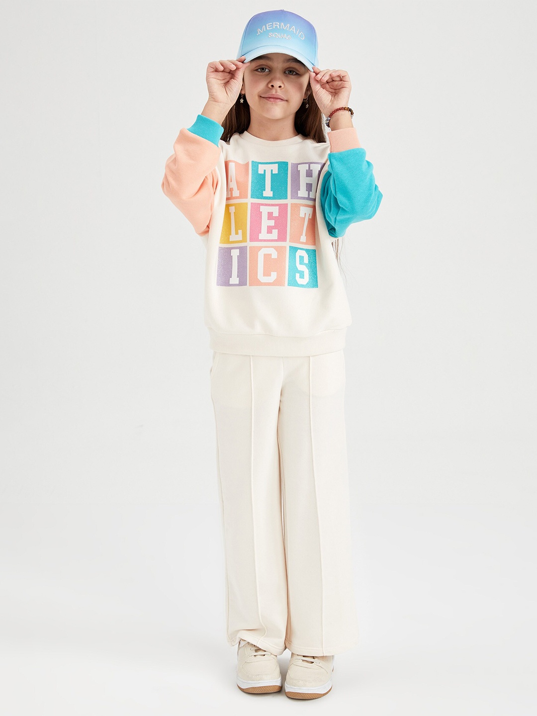 

DeFacto Girls Printed Pure Cotton T-shirt with Trousers, Off white