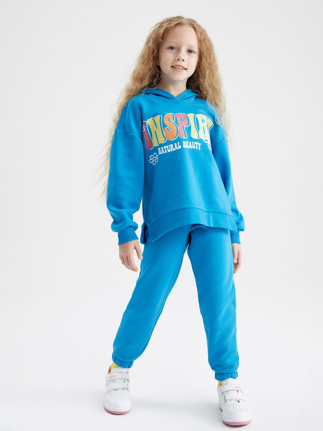 

DeFacto Girls Printed Hooded T-shirt With Trousers, Blue
