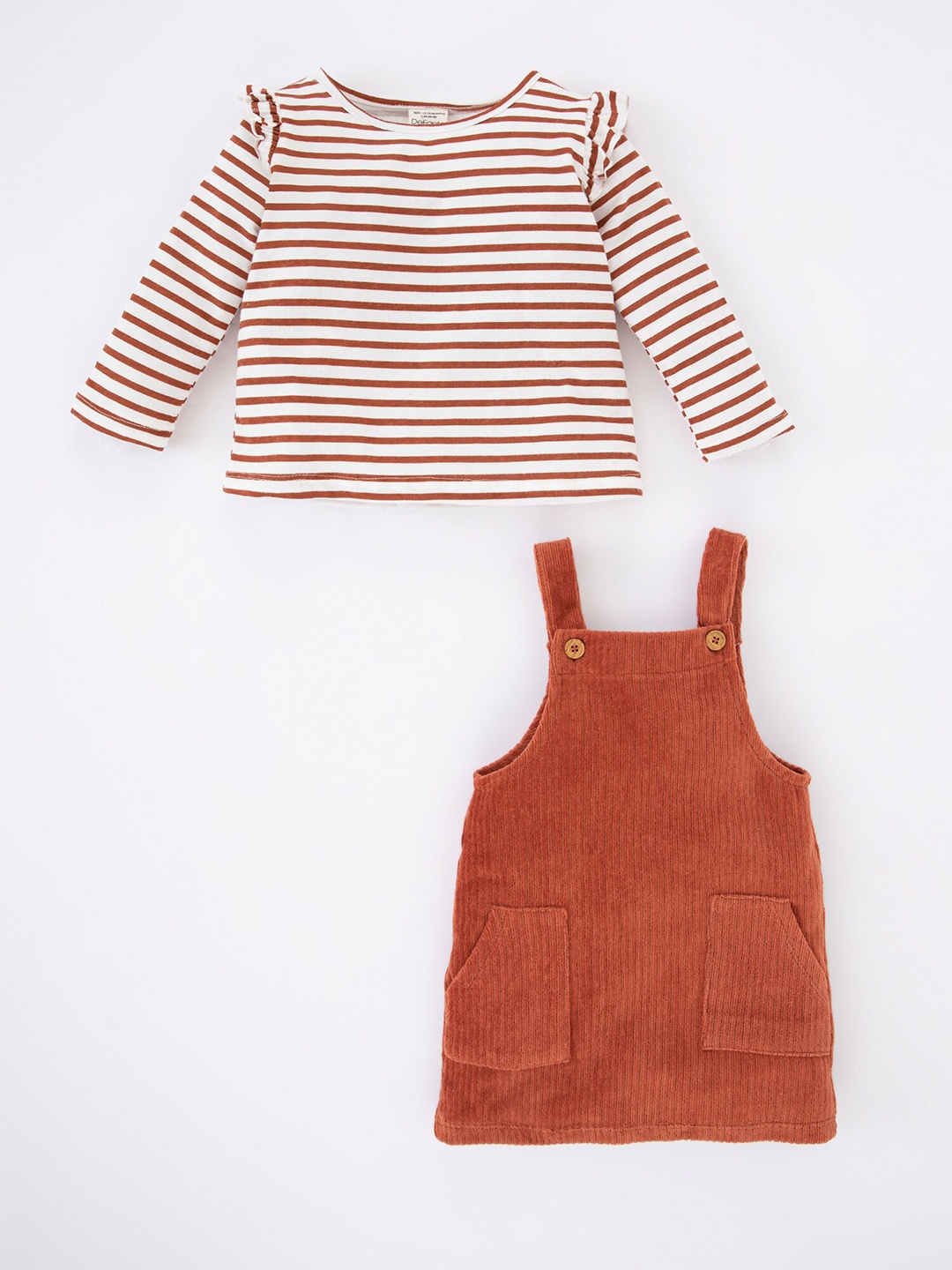 

DeFacto Girls Striped Top With Dungarees, Rust