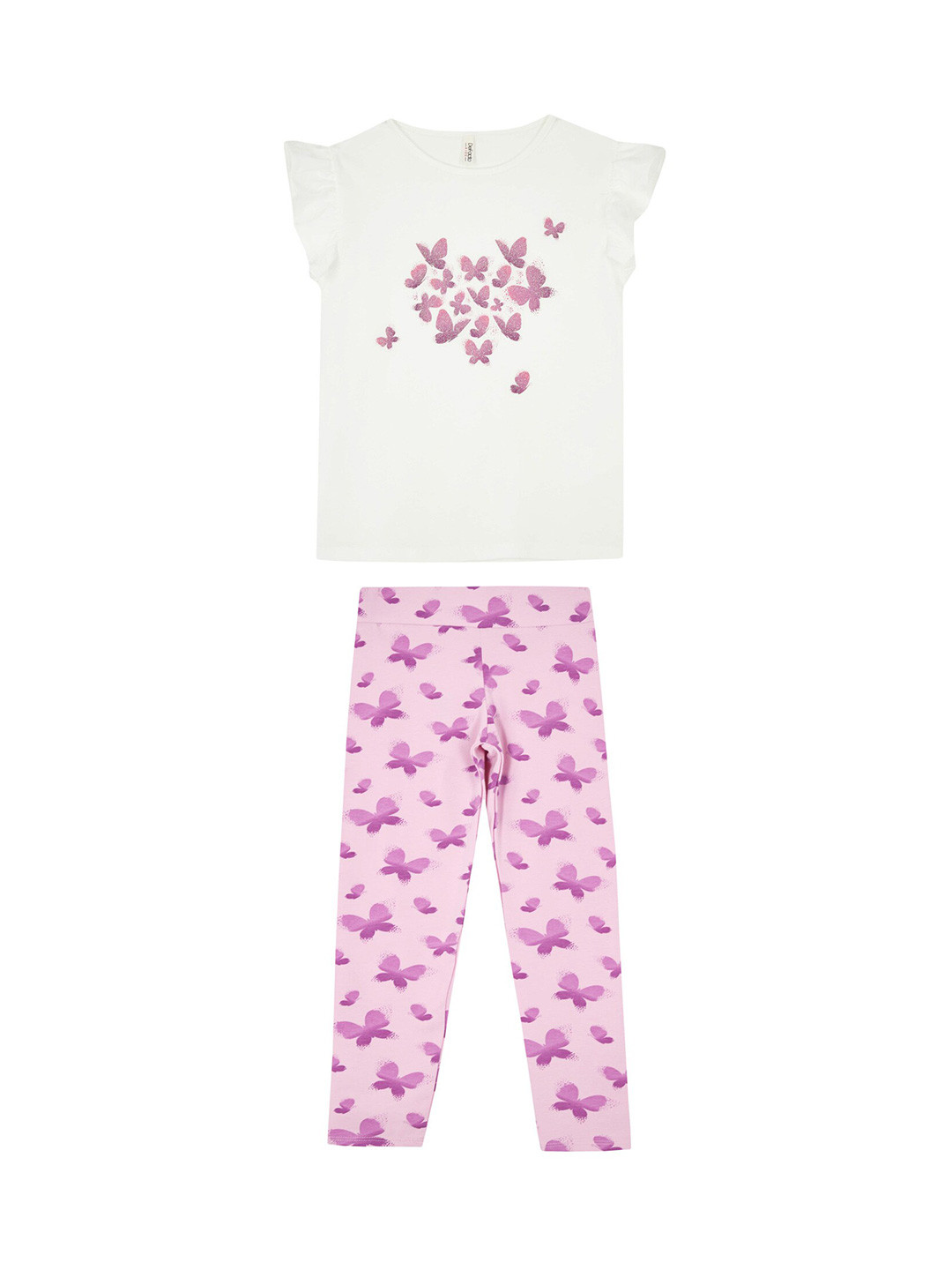 

DeFacto Girls Printed Pure Cotton Flutter Sleeve Top With Trousers, White