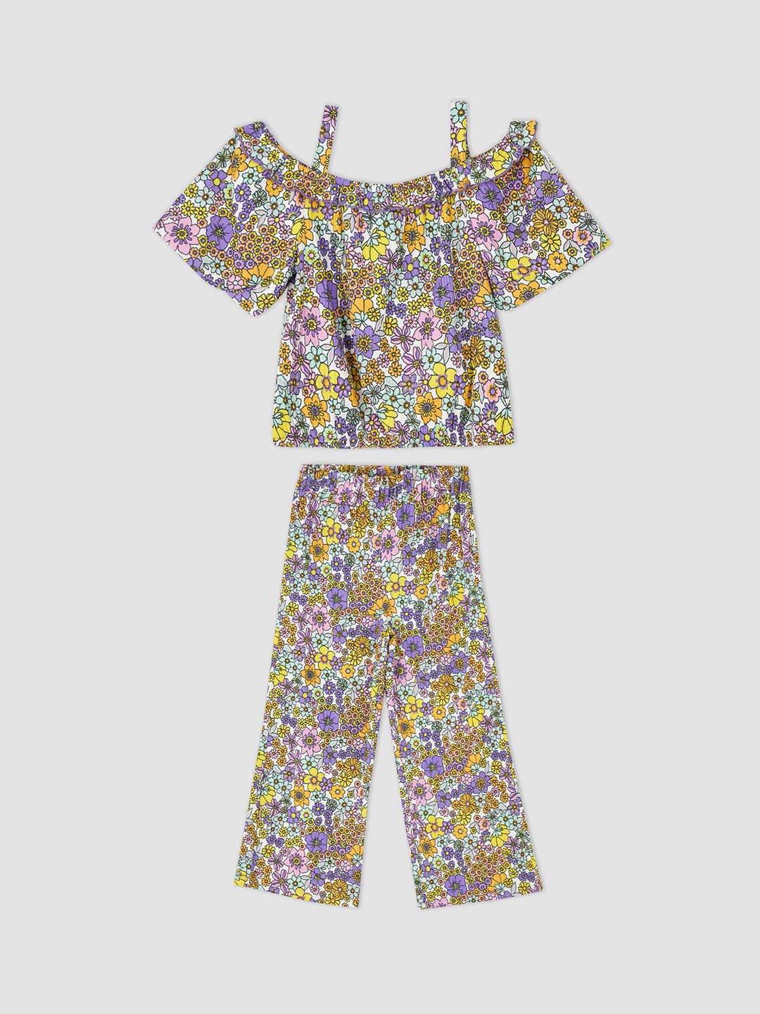 

DeFacto Girls Floral Printed Top With Trousers, Beige