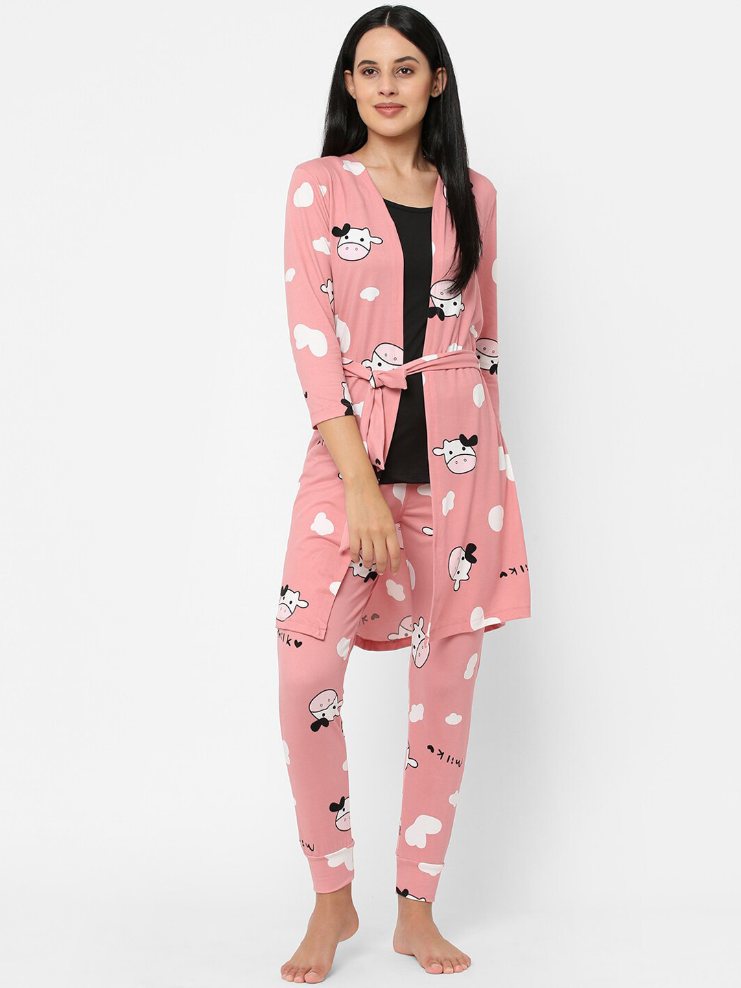 

Sweet Dreams Women 3-Pieces Printed Slip with Robe & with Lounge Pants, Pink