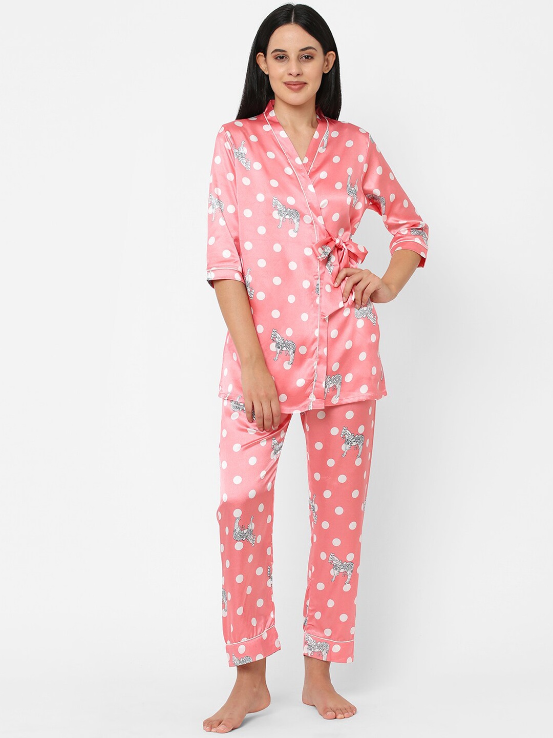 

Sweet Dreams Women 3-Pieces Printed Slip with Robe & with Lounge Pants, Peach