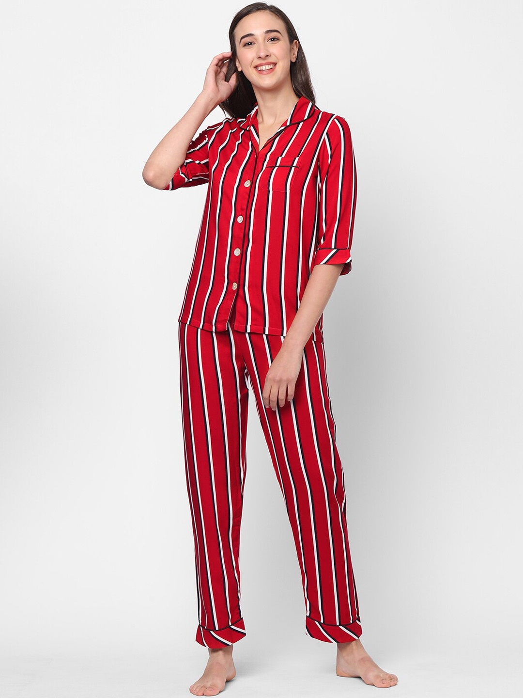 

Sweet Dreams Women 2-Pieces Striped Shirt with Lounge Pants, Red