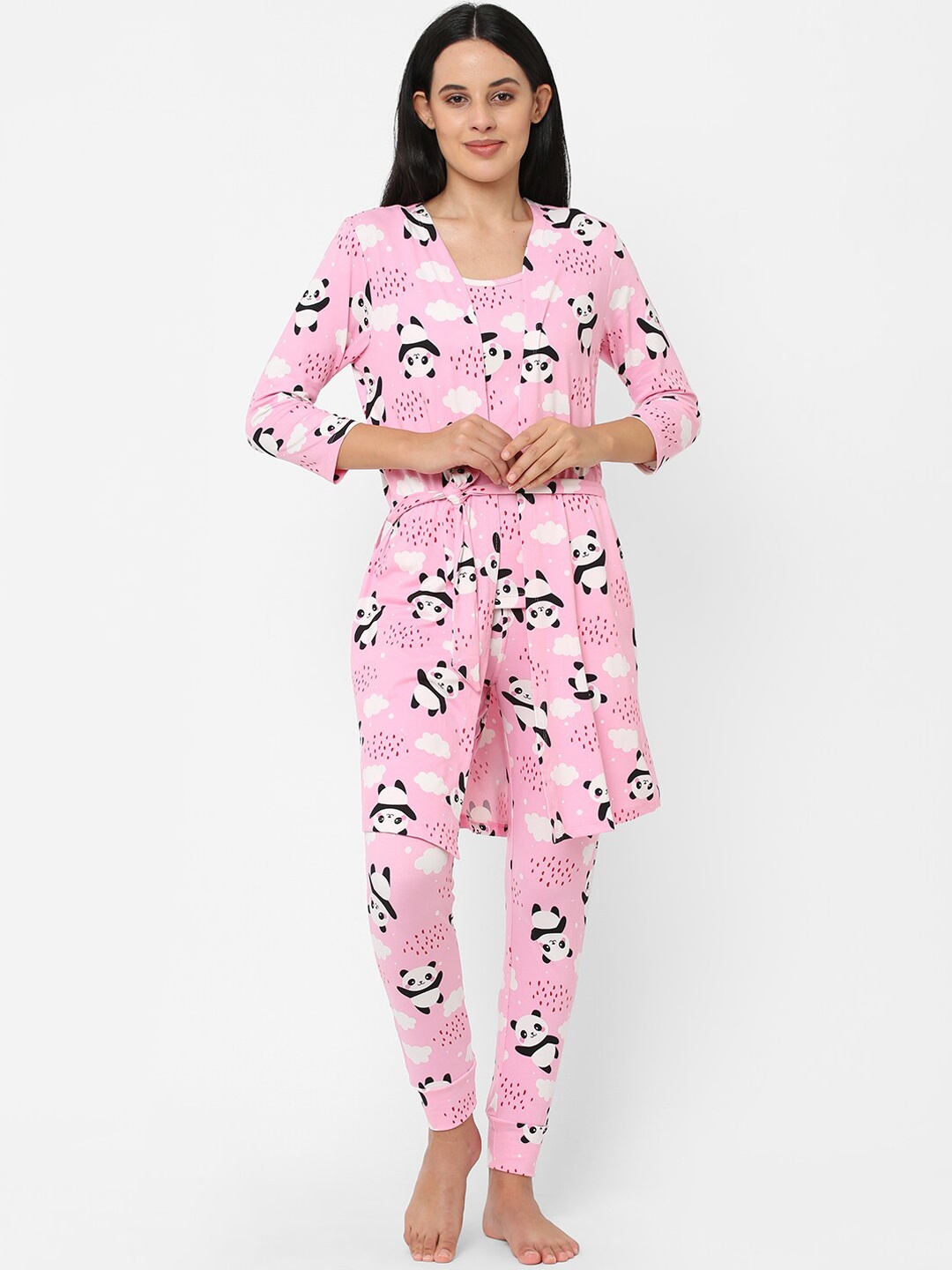 

Sweet Dreams Women 3-Pieces Printed Slip with Robe & with Lounge Pants, Pink