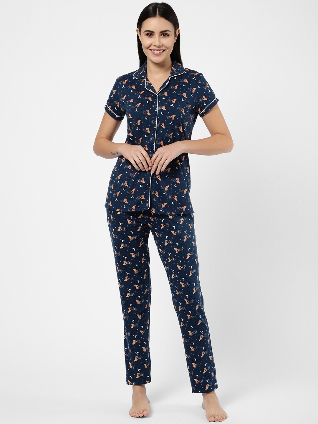 

Sweet Dreams Women 2-Pieces Printed Shirt with Lounge Pants, Navy blue