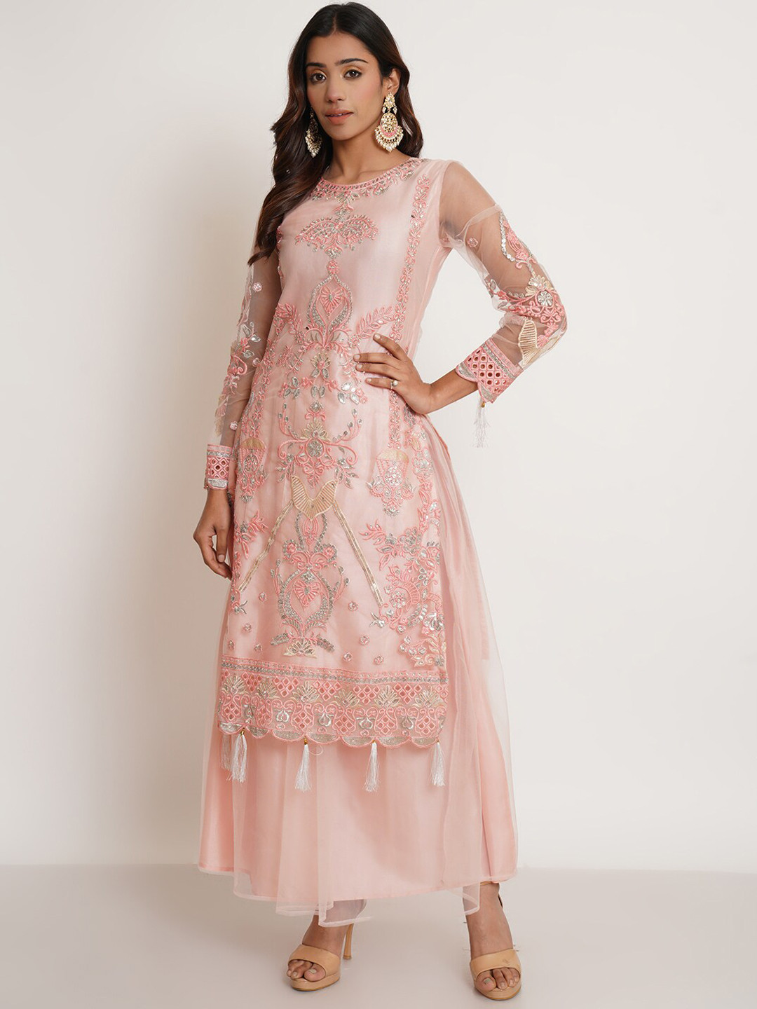 

Purple State Floral Embroidered Sequinned Kurta with Skirt & Dupatta Set, Pink