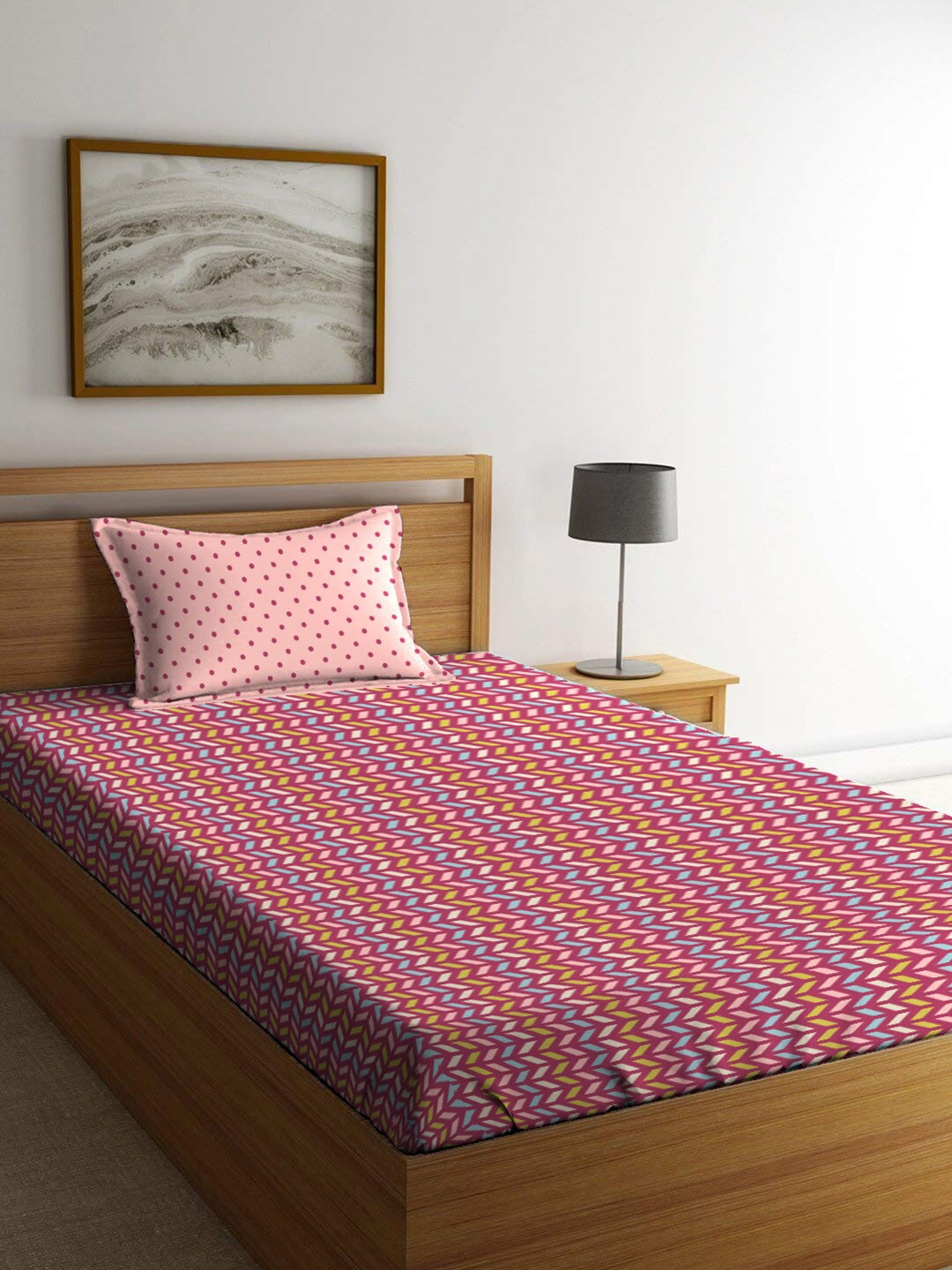 

MYTRIDENT Pink Blue Geometric 144 TC Single Bedsheet with 1 Pillow Cover