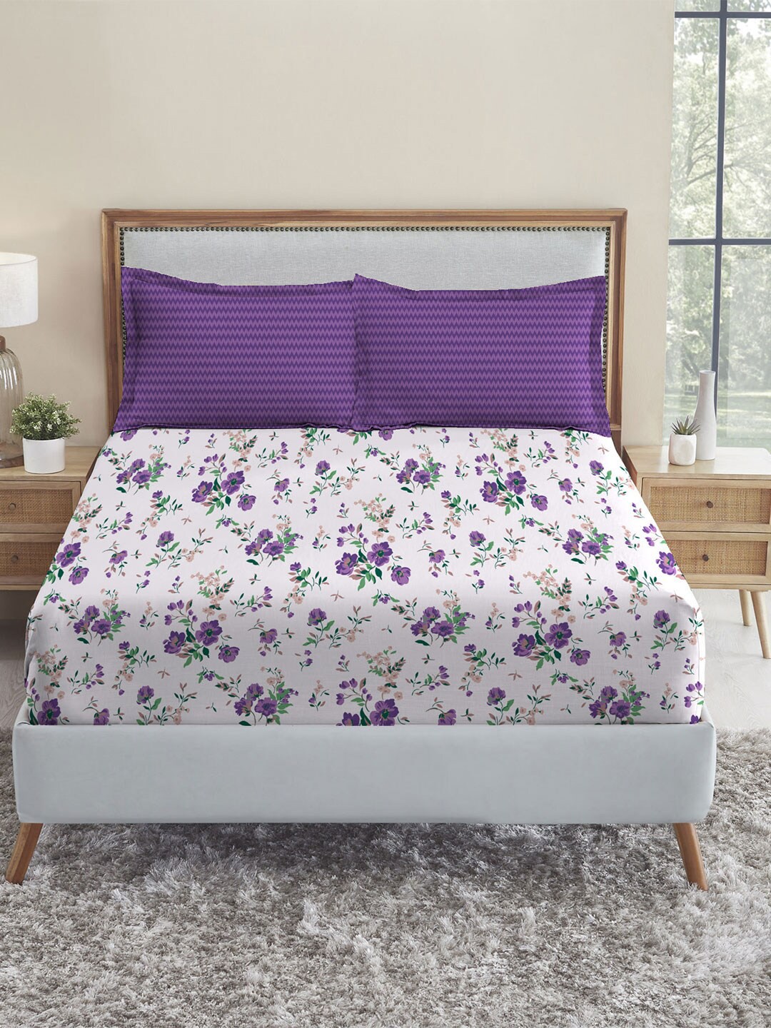 

MYTRIDENT Feather Tales White 144 TC Flat Pure Cotton Queen Bedsheet with 2 Pillow Covers