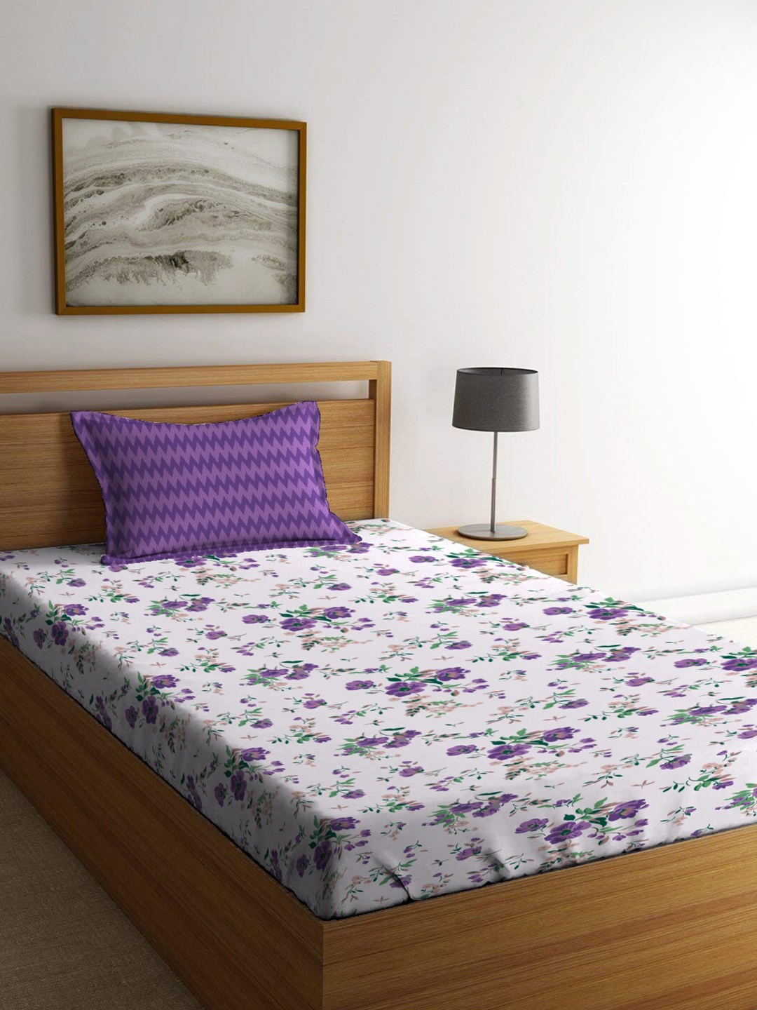 

MYTRIDENT White Purple Floral 144 TC Single Bedsheet with 1 Pillow Cover