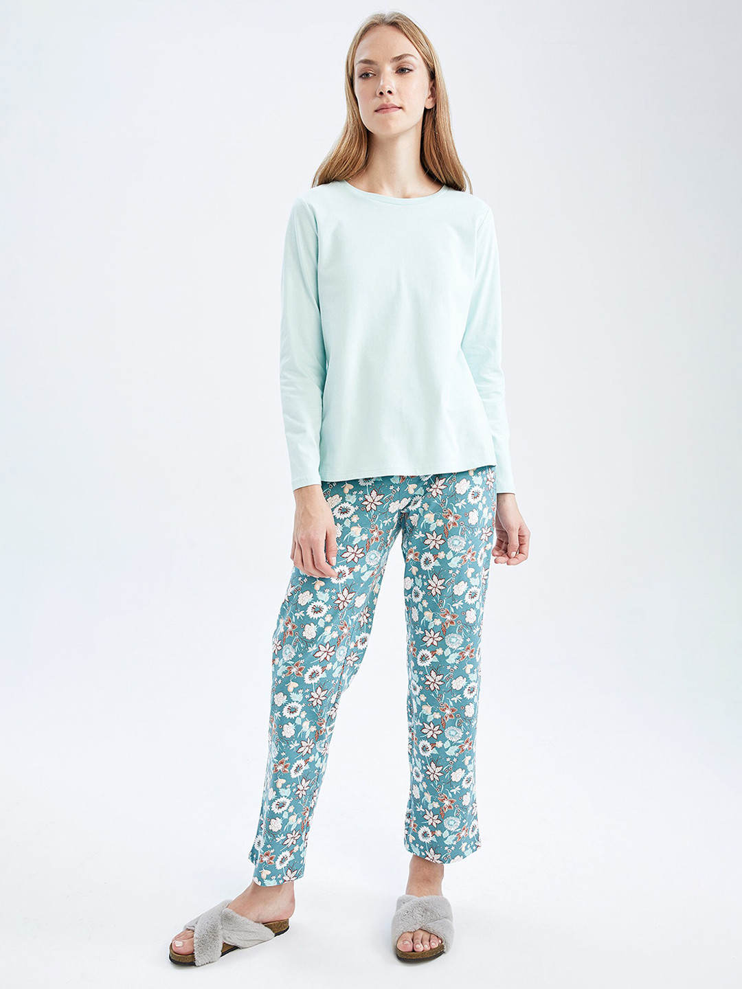 

DeFacto Women 2 Pieces Printed Pure Cotton Night suit, Sea green