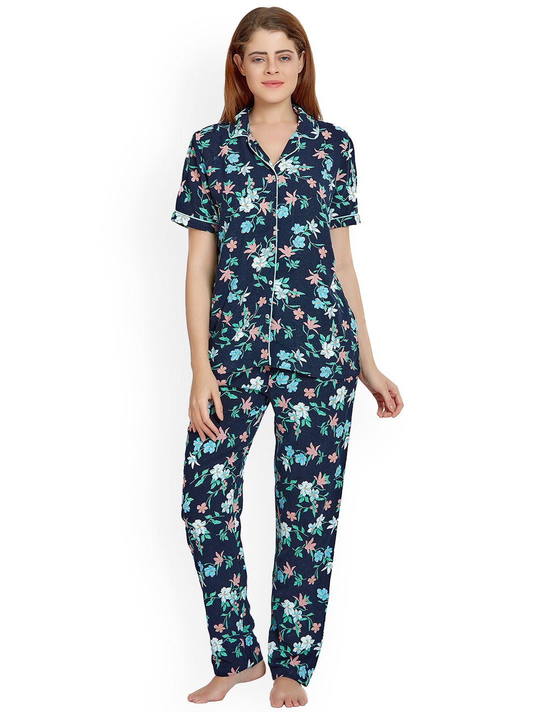 

MAYSIXTY Women Printed Pure Cotton Night suit, Navy blue
