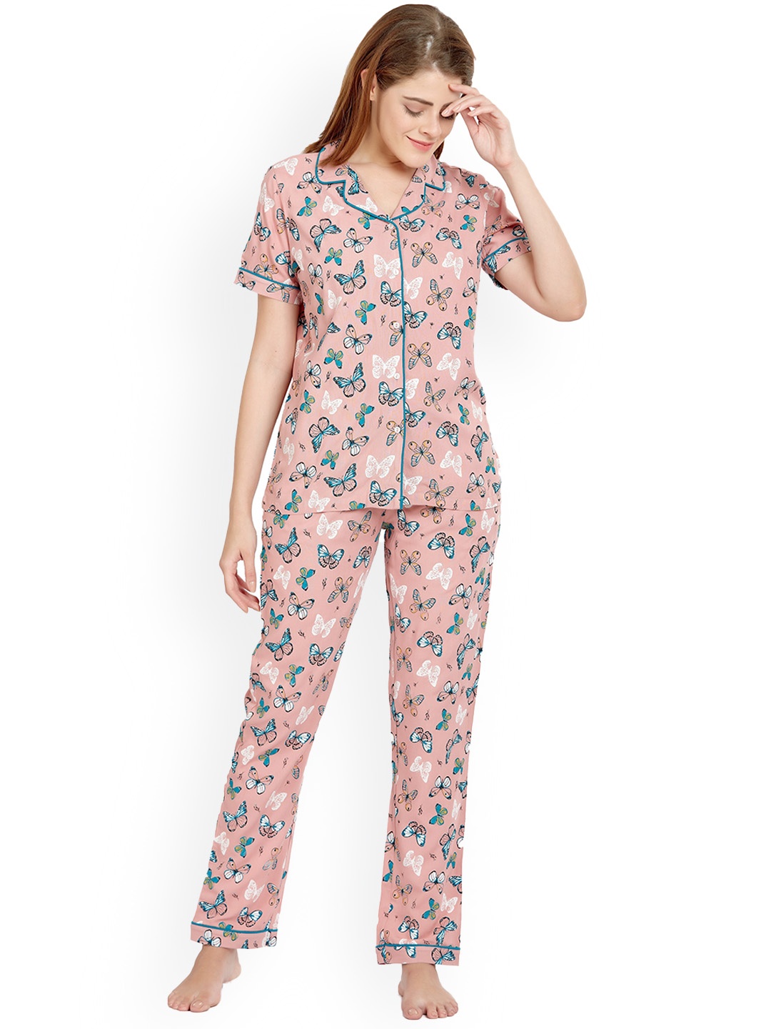 

MAYSIXTY Women Printed Pure Cotton Night suit, Peach