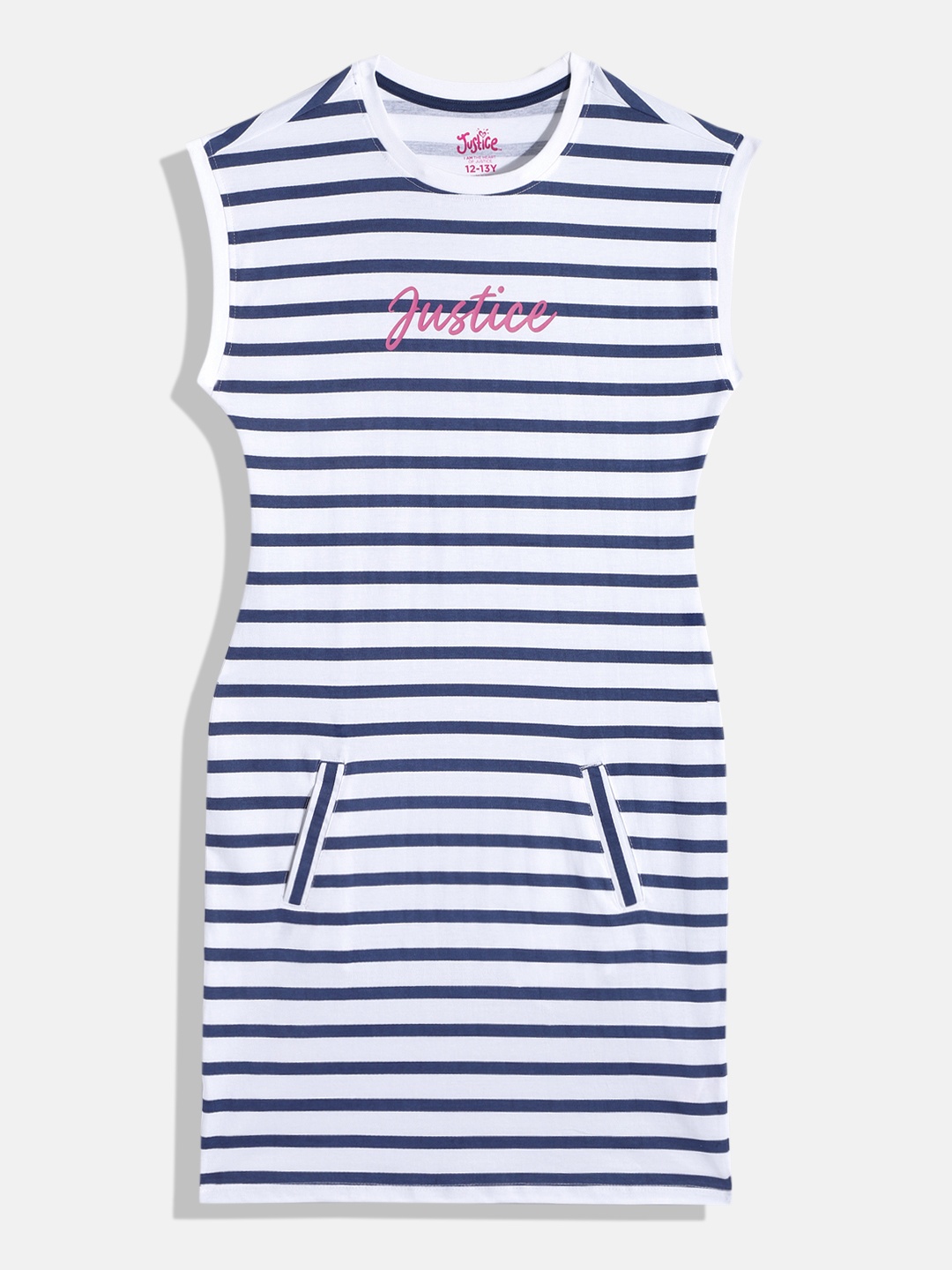 

JUSTICE Extended Sleeves Pure Cotton Striped T-shirt Dress, White
