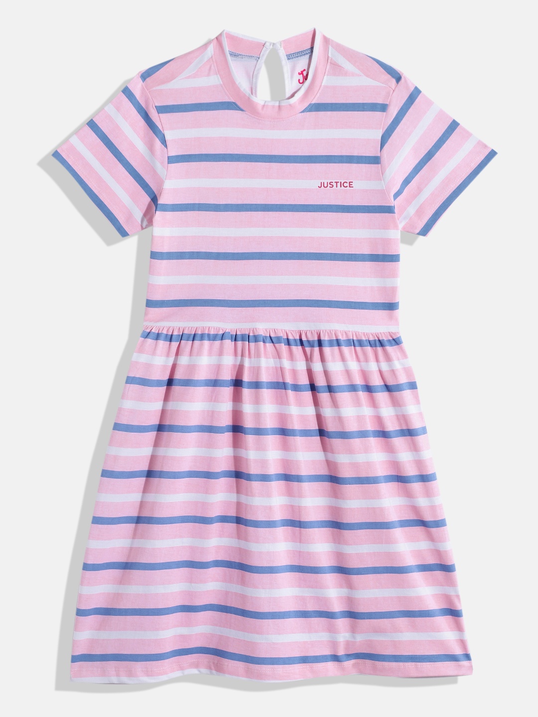 

JUSTICE Girls Striped Pure Cotton Fit & Flare Dress, Pink