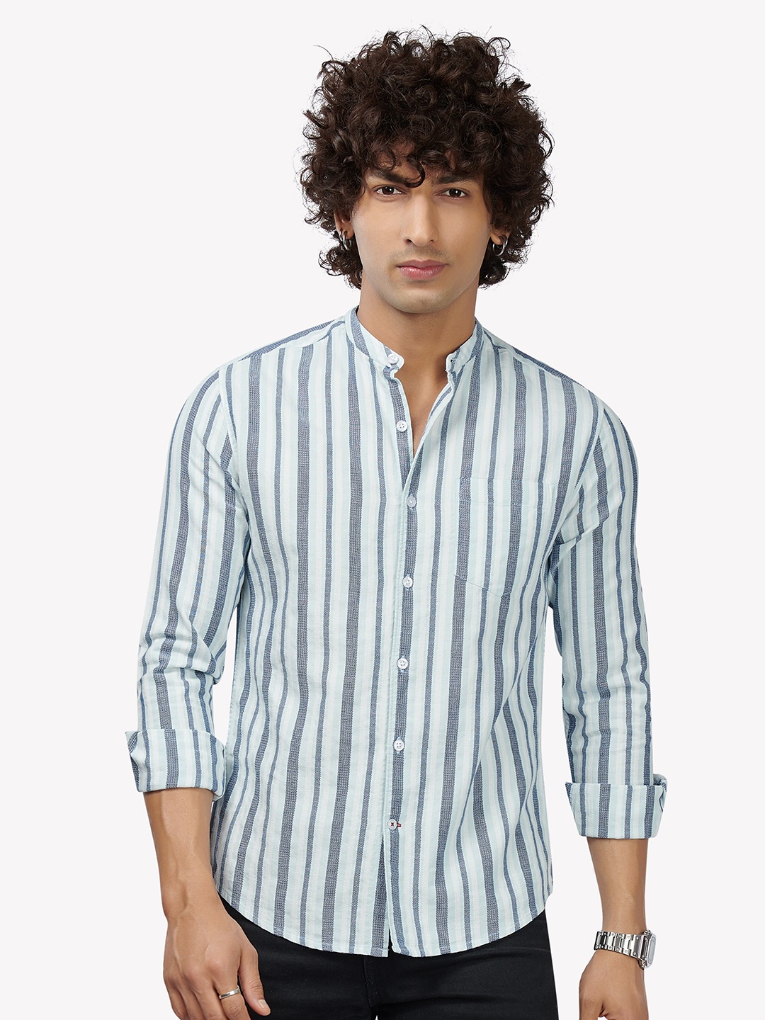 

VASTRADO Men Striped Mandarin Collar Cotton Casual Shirt, White