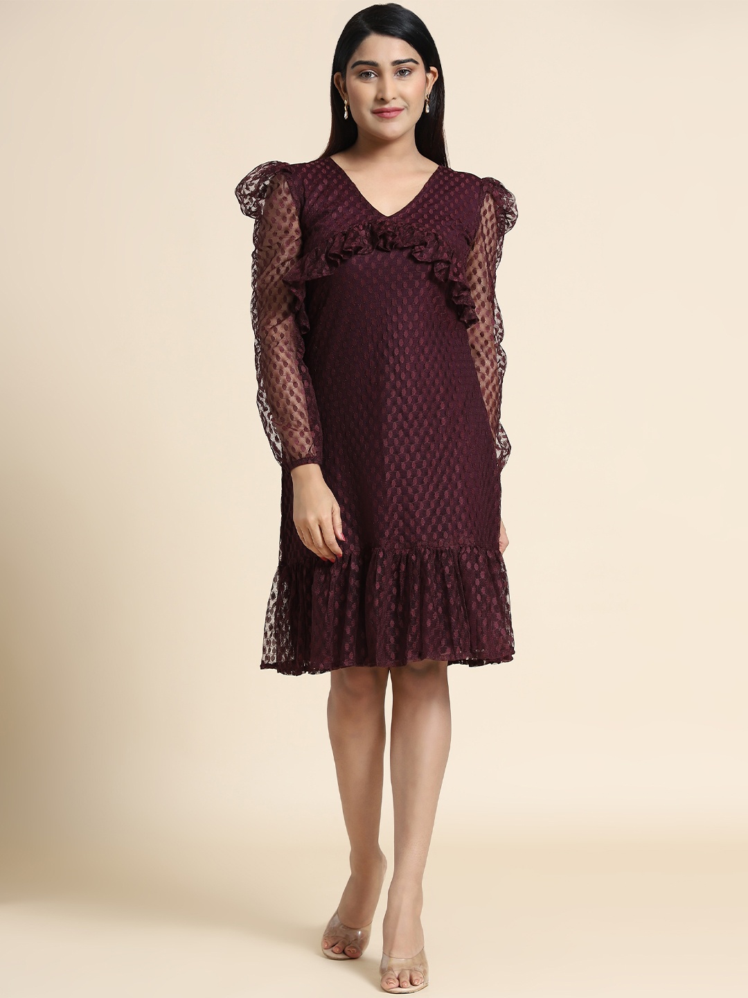 

VAANI CREATION V Neck Puffed Sleeve A-Line Dress, Lavender