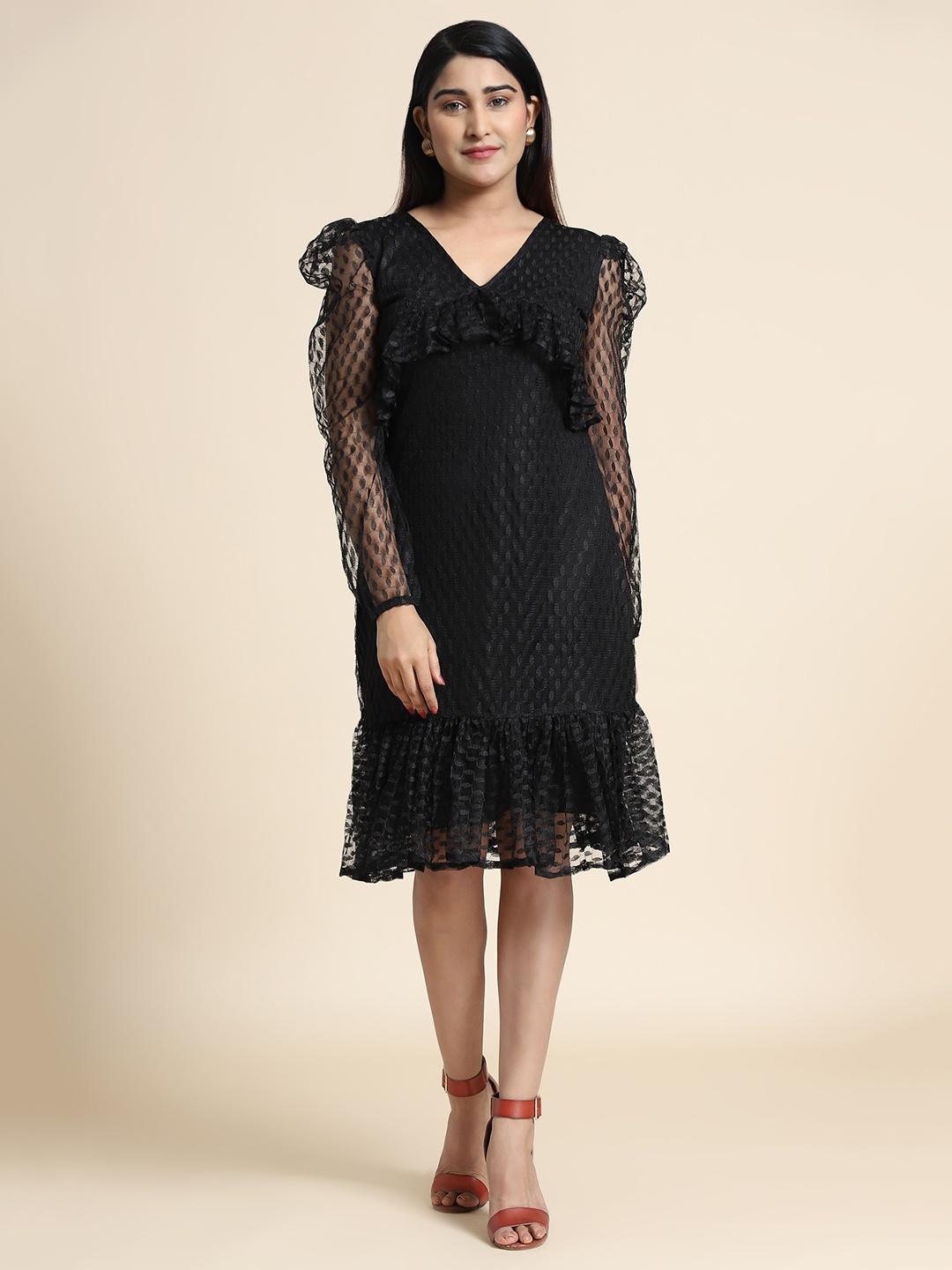 

VAANI CREATION V Neck Puffed Sleeve A-Line Dress, Black