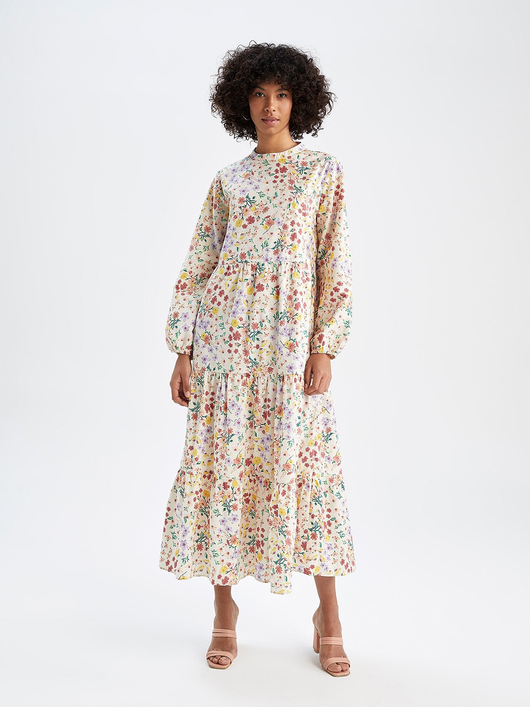 

DeFacto Floral Pure Cotton Tiered A-Line Midi Dress, Beige