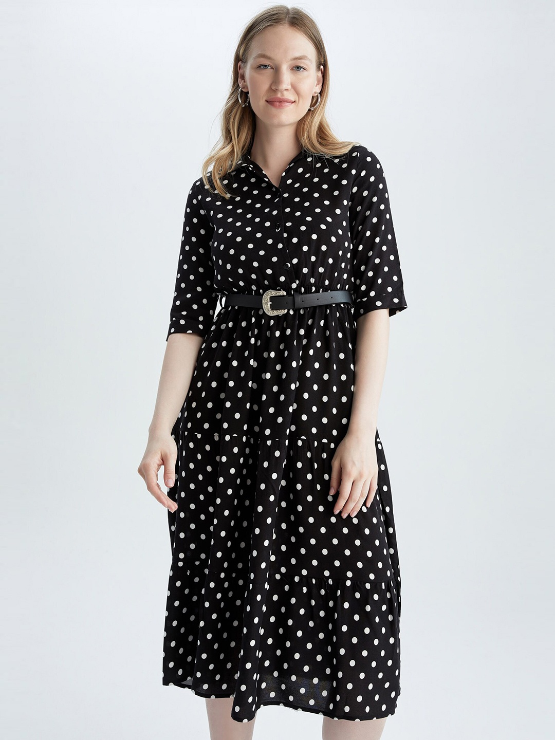

DeFacto Polka Dots Printed Shirt Collar Midi Dress, Black